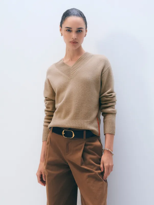 Cashmere Wide Rib Trim V Neck | Khaki sold by White + Warren