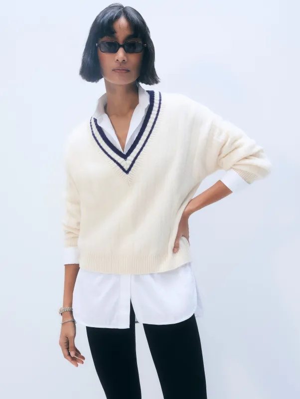 Cashmere Varsity V Neck | Soft White & Deep Navy sold by White + Warren