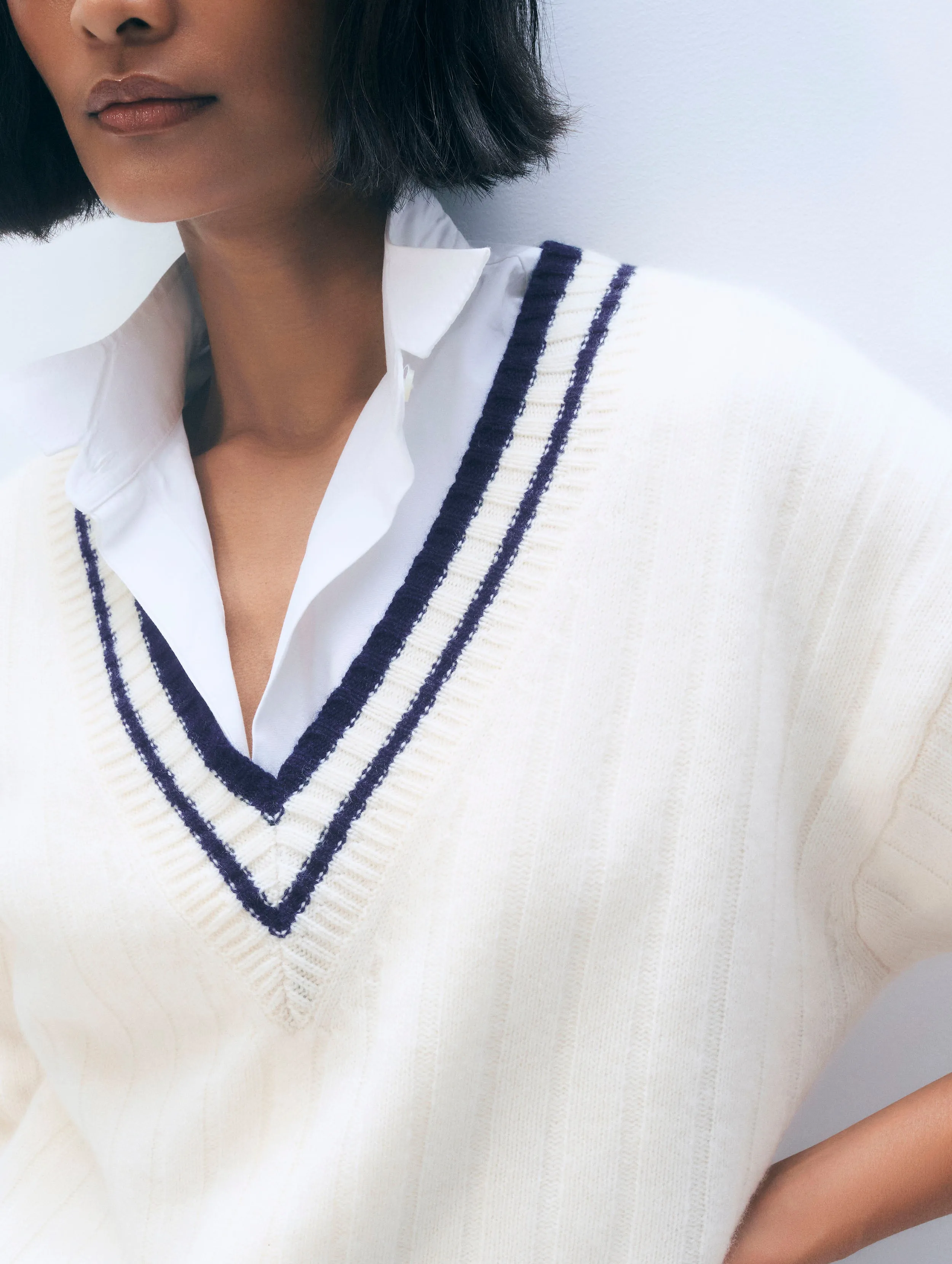 Cashmere Varsity V Neck | Soft White & Deep Navy sold by White + Warren product image thumbnail 2
