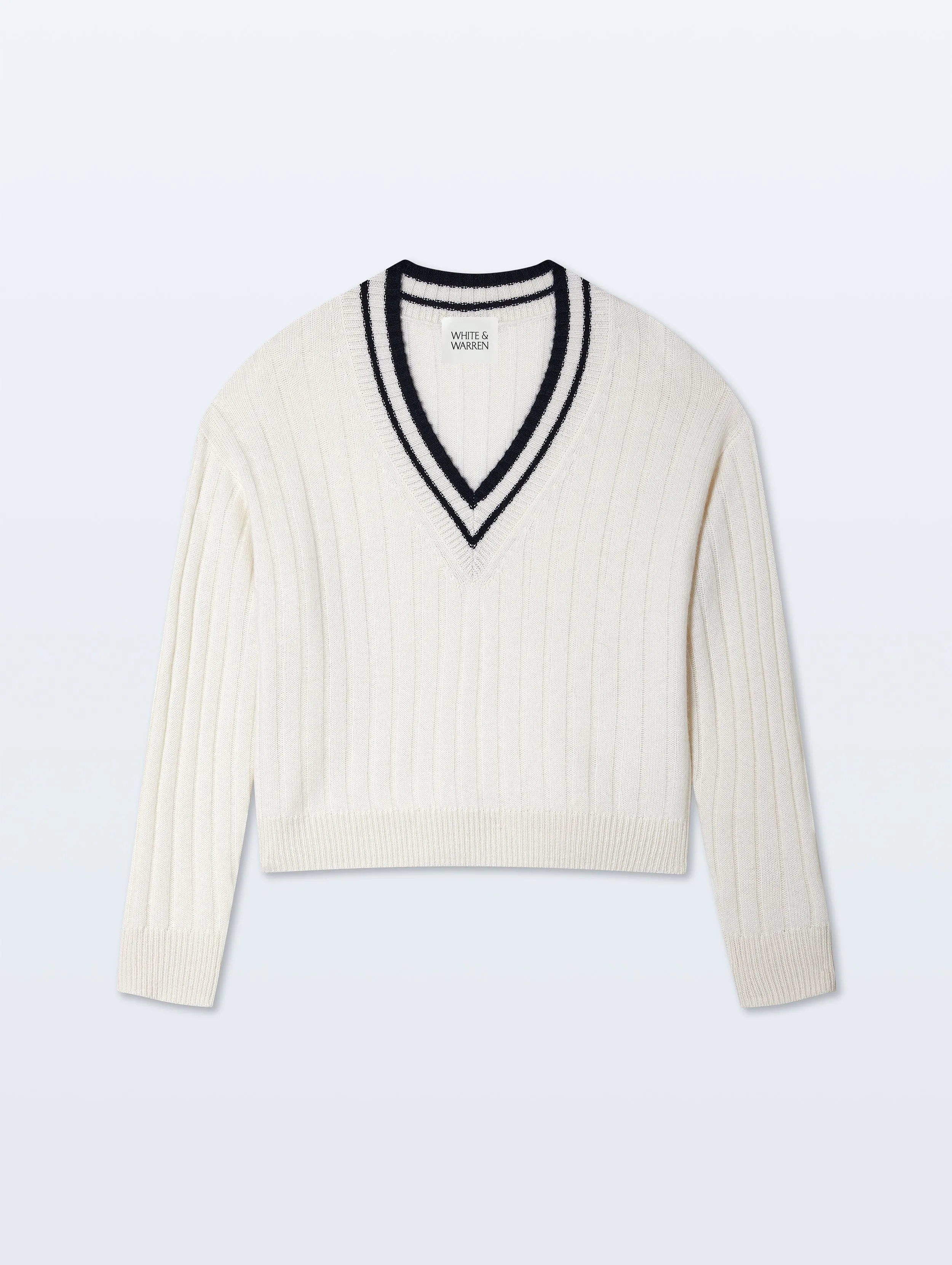 Cashmere Varsity V Neck | Soft White & Deep Navy sold by White + Warren product image thumbnail 4