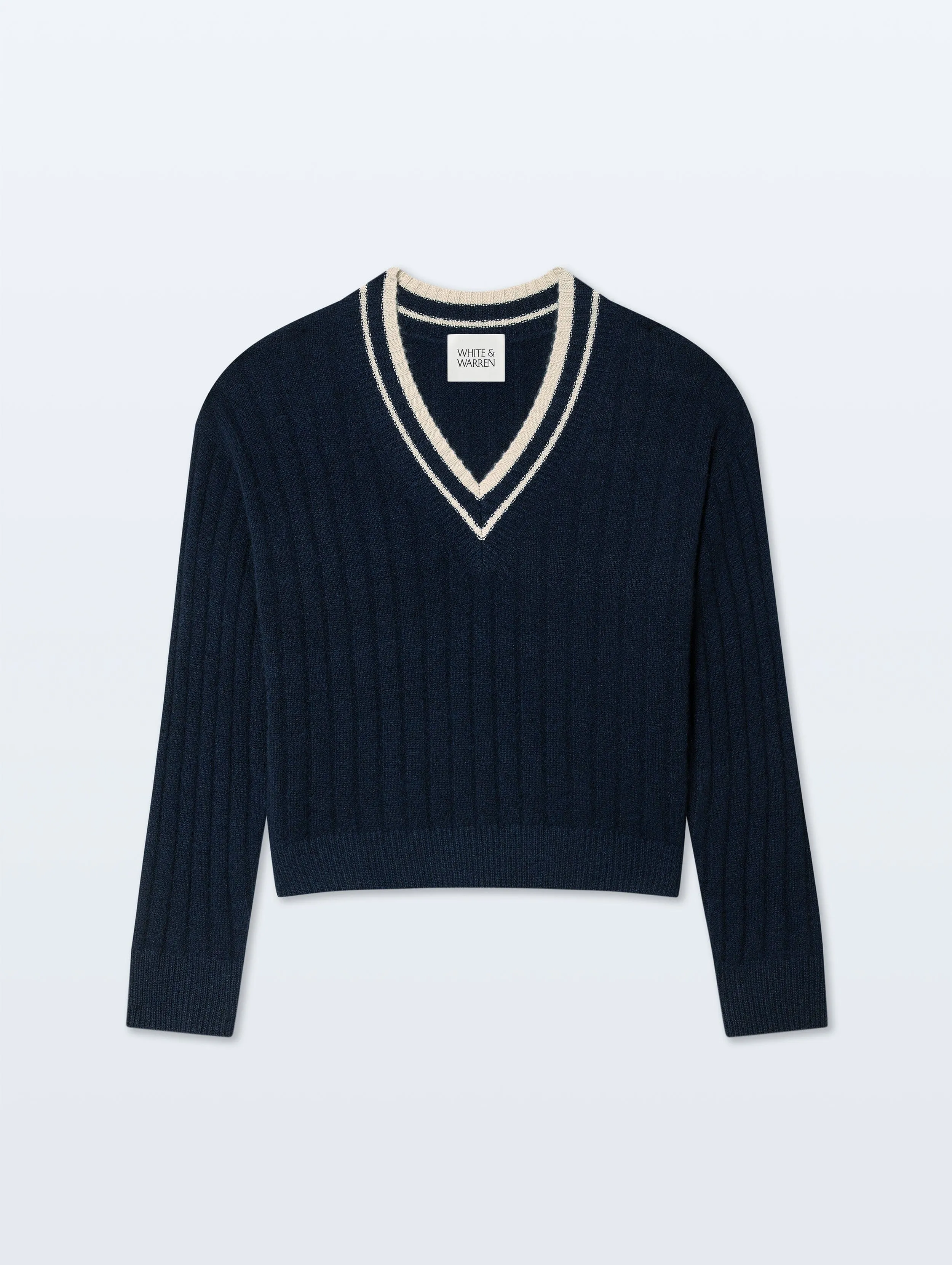 Cashmere Varsity V Neck | Deep Navy & Natural sold by White + Warren product image thumbnail 4