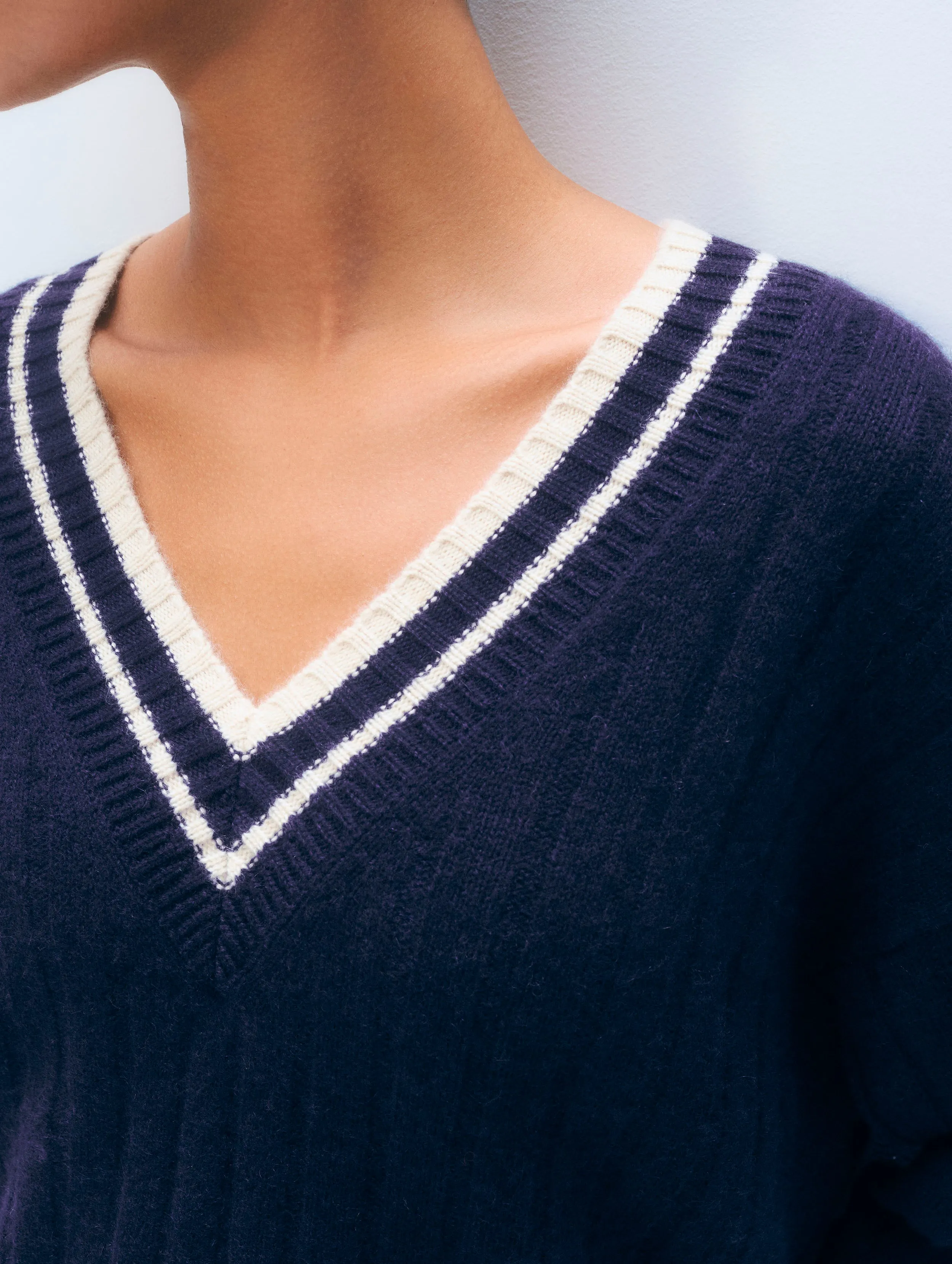 Cashmere Varsity V Neck | Deep Navy & Natural sold by White + Warren product image thumbnail 2
