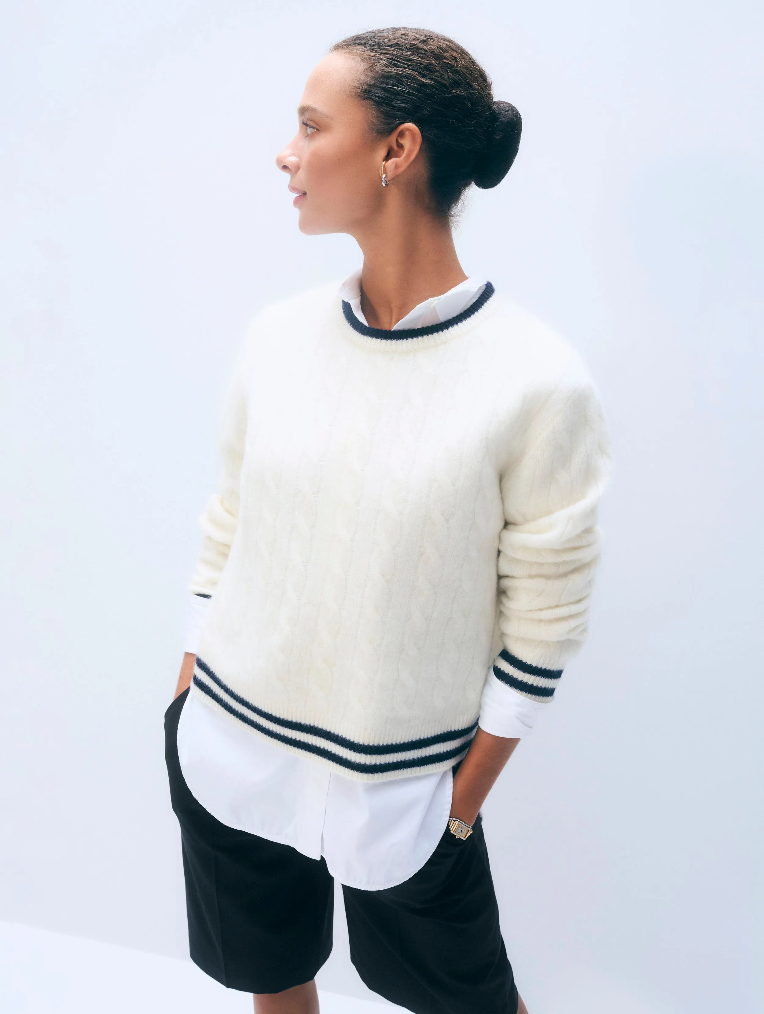 Cashmere Varsity Cable Crewneck sold by White + Warren product image thumbnail 3