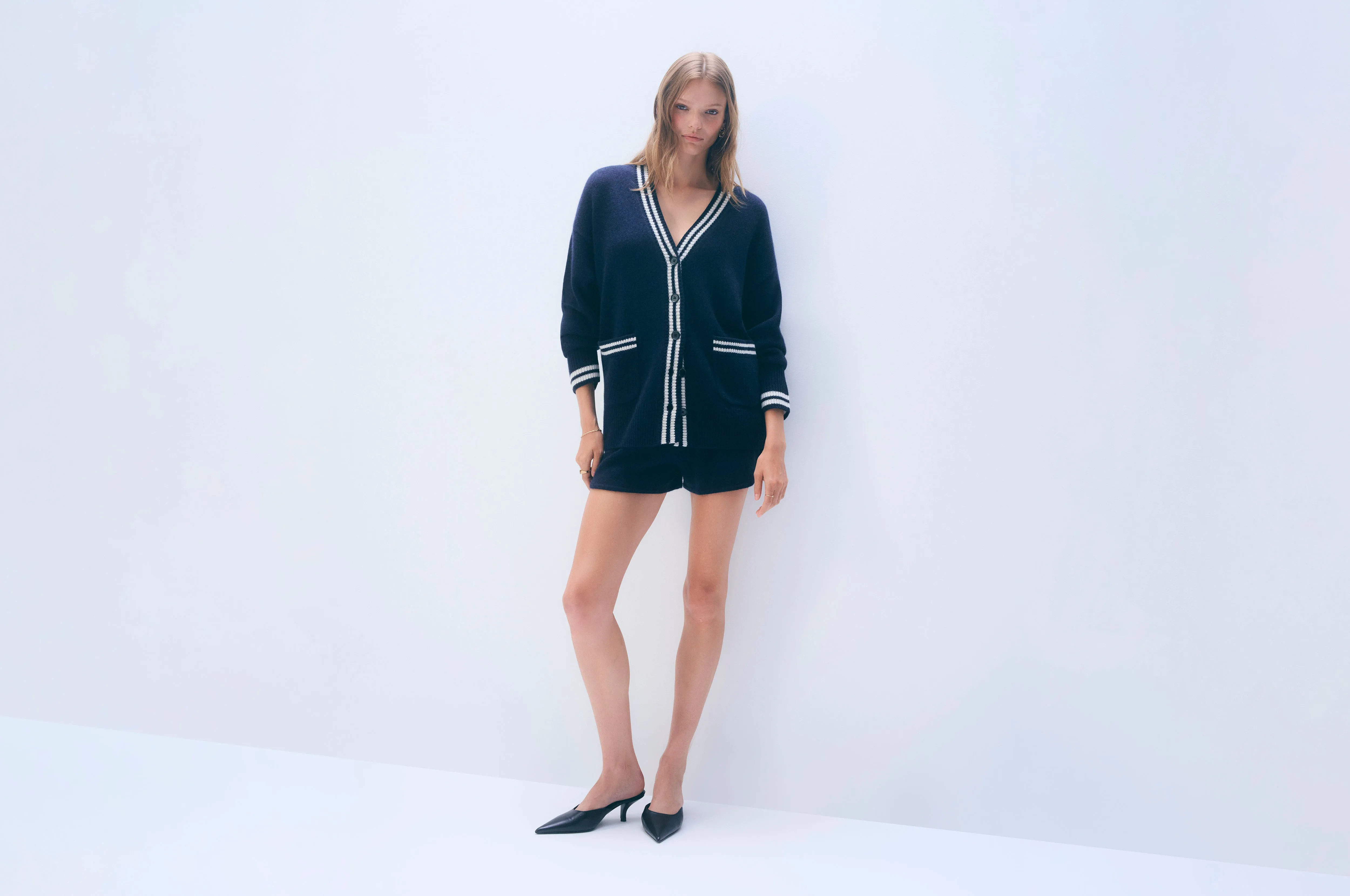 Cashmere Varsity Cardigan | Deep Navy/Soft White sold by White + Warren product image thumbnail 5
