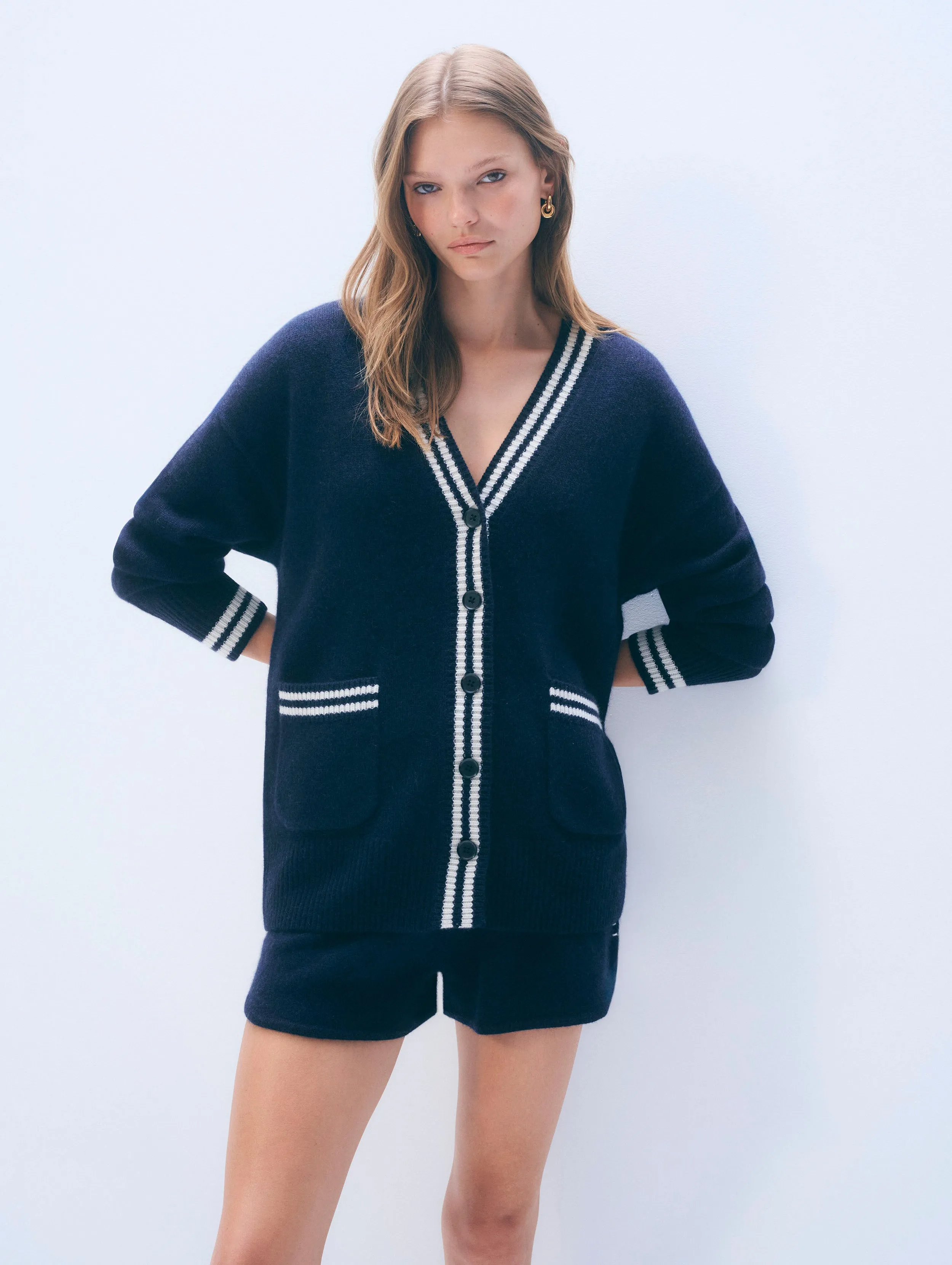 Cashmere Varsity Cardigan | Deep Navy/Soft White sold by White + Warren