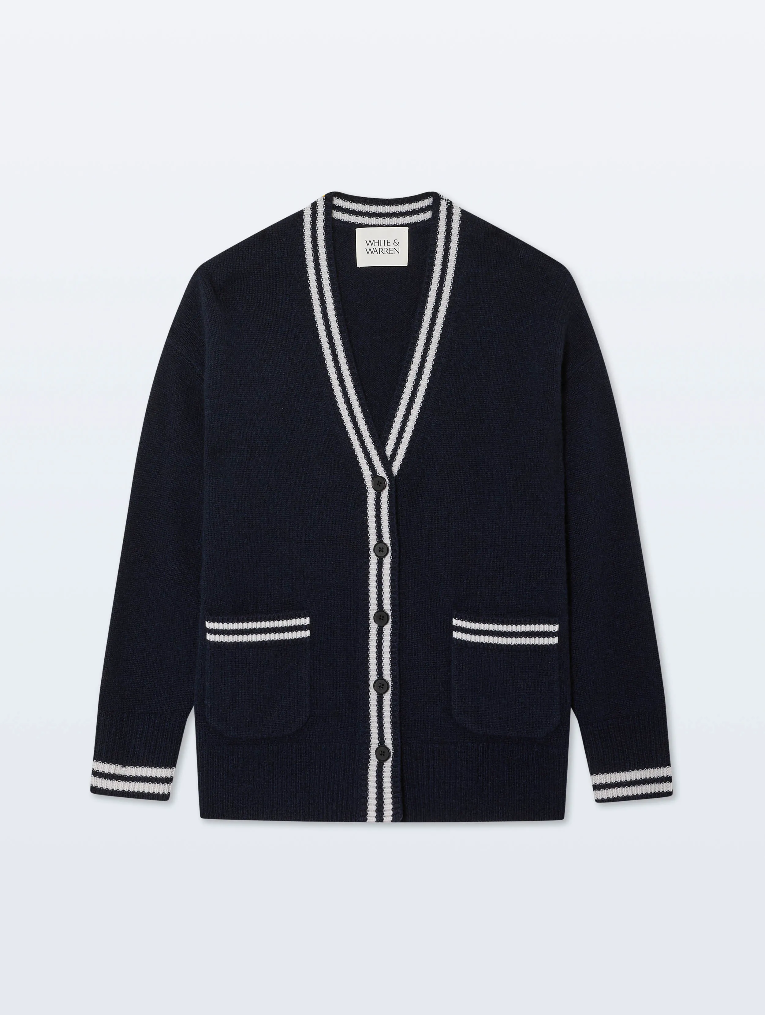 Cashmere Varsity Cardigan | Deep Navy/Soft White sold by White + Warren product image thumbnail 4