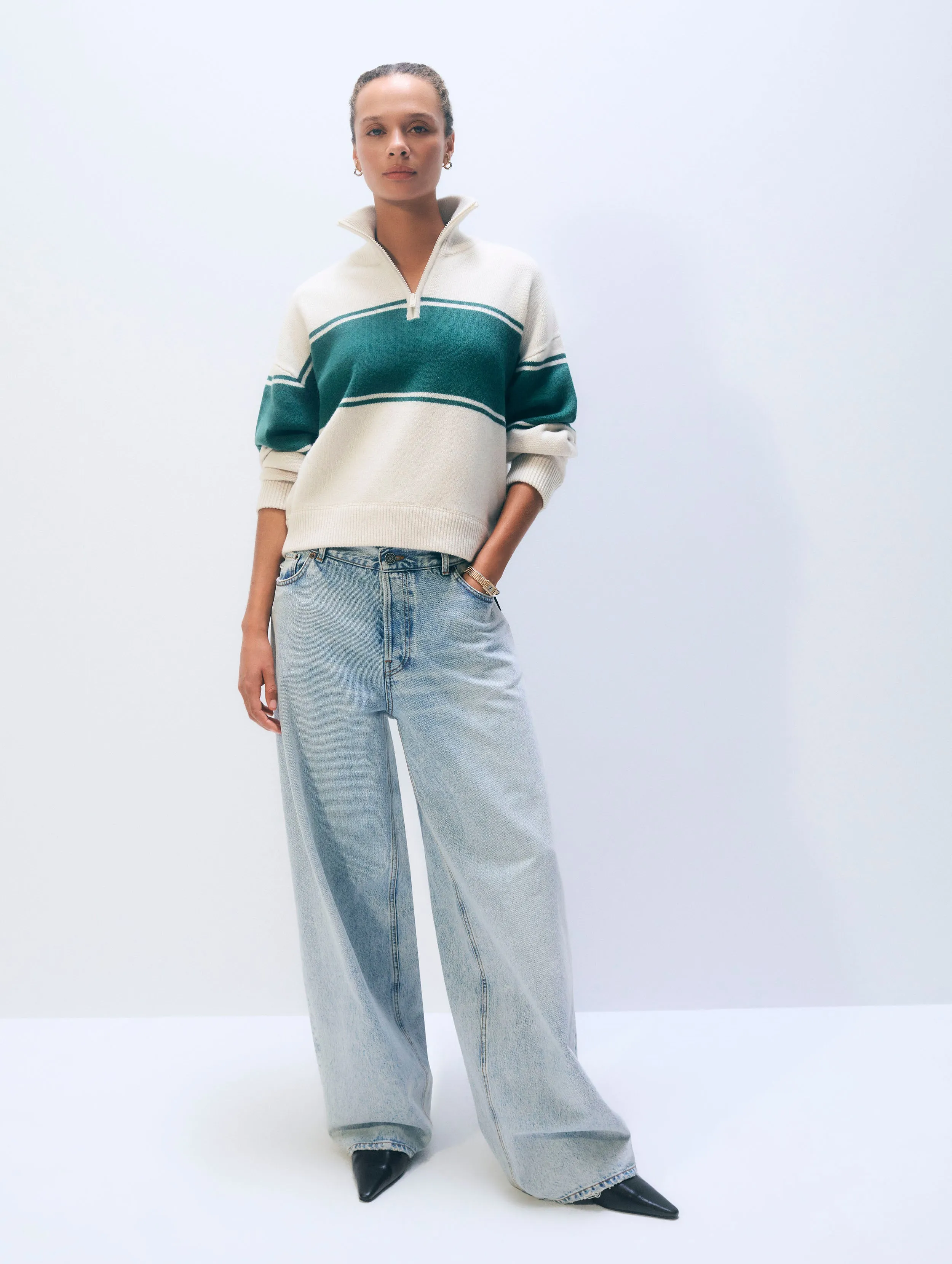 Cashmere Blend Quarter Zip | Ivory/Ivy Green sold by White + Warren product image thumbnail 2