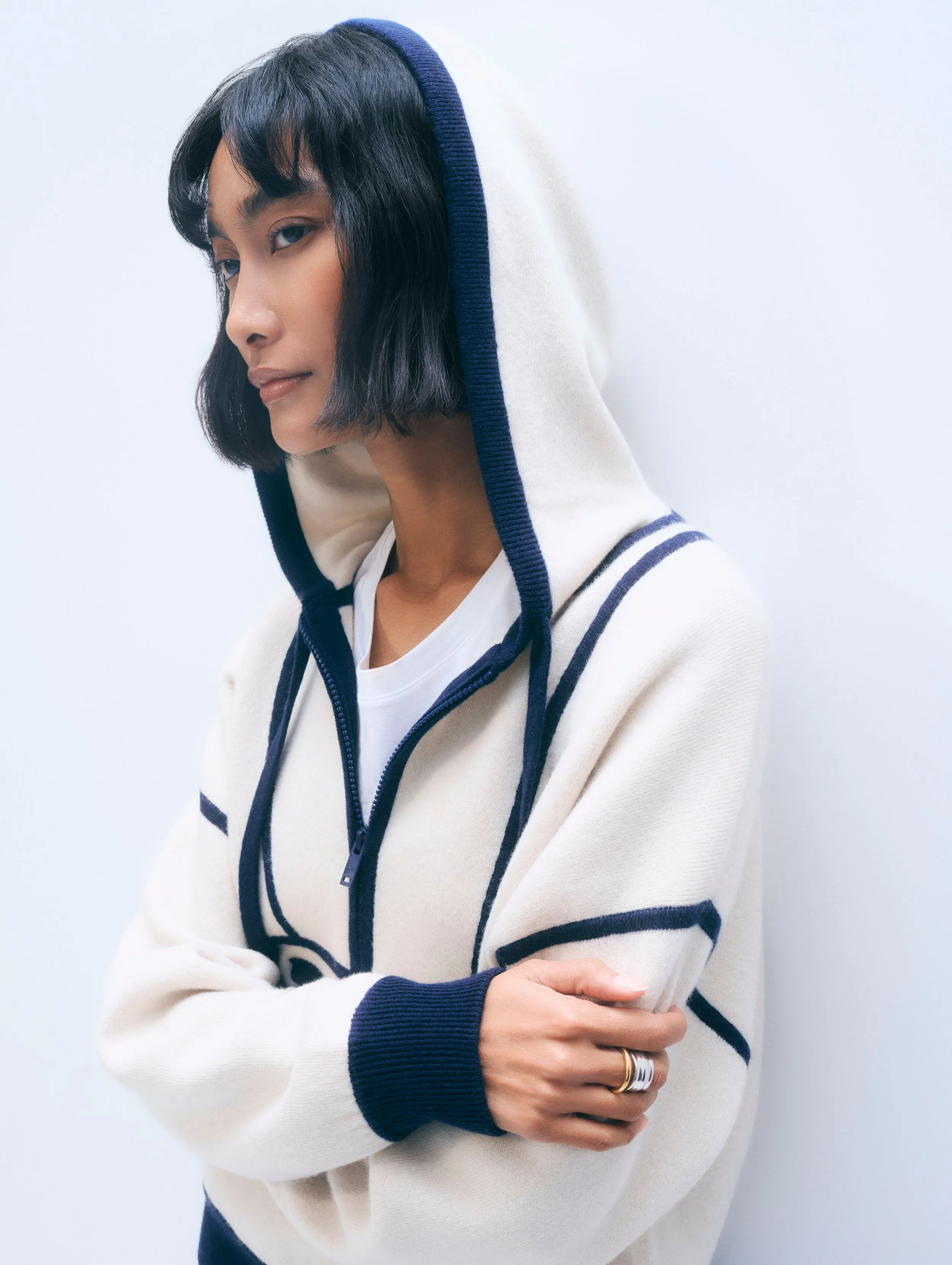 Cashmere Anorak | Ivory/Navy sold by White + Warren product image thumbnail 2