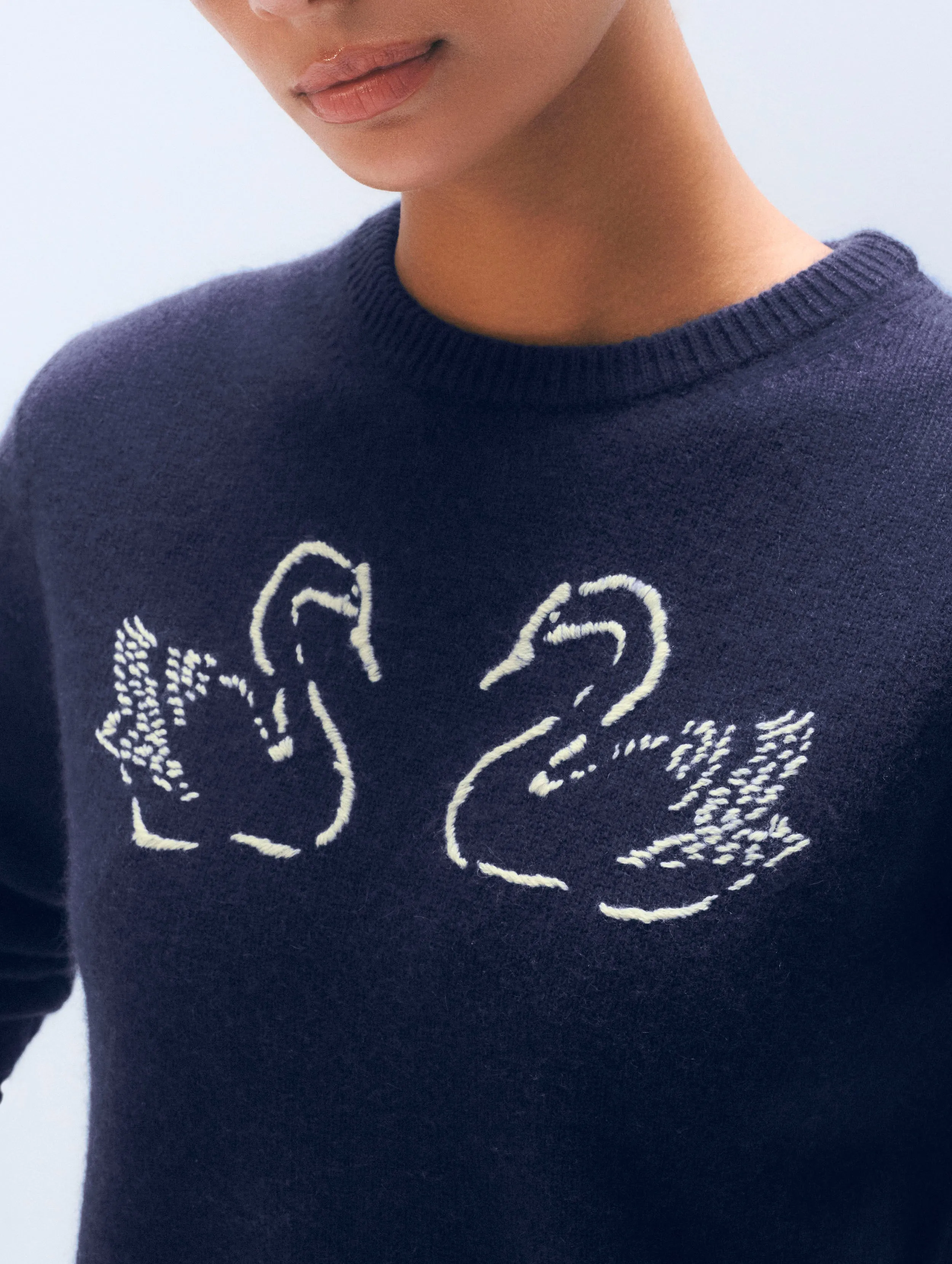 Cashmere Blend Embroidered Swan Sweater | Navy/Ivory sold by White + Warren product image thumbnail 2