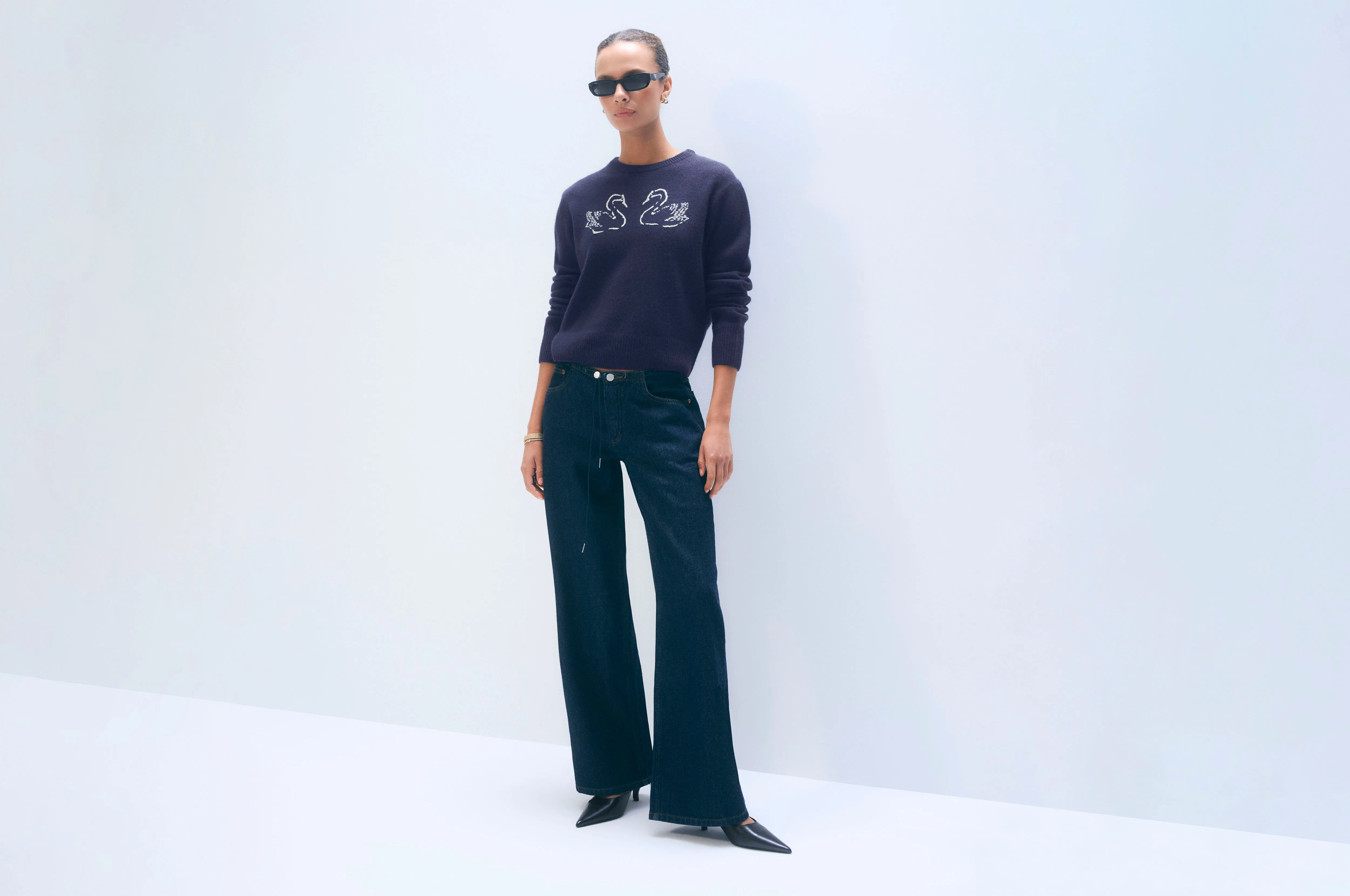 Cashmere Blend Embroidered Swan Sweater | Navy/Ivory sold by White + Warren product image thumbnail 5