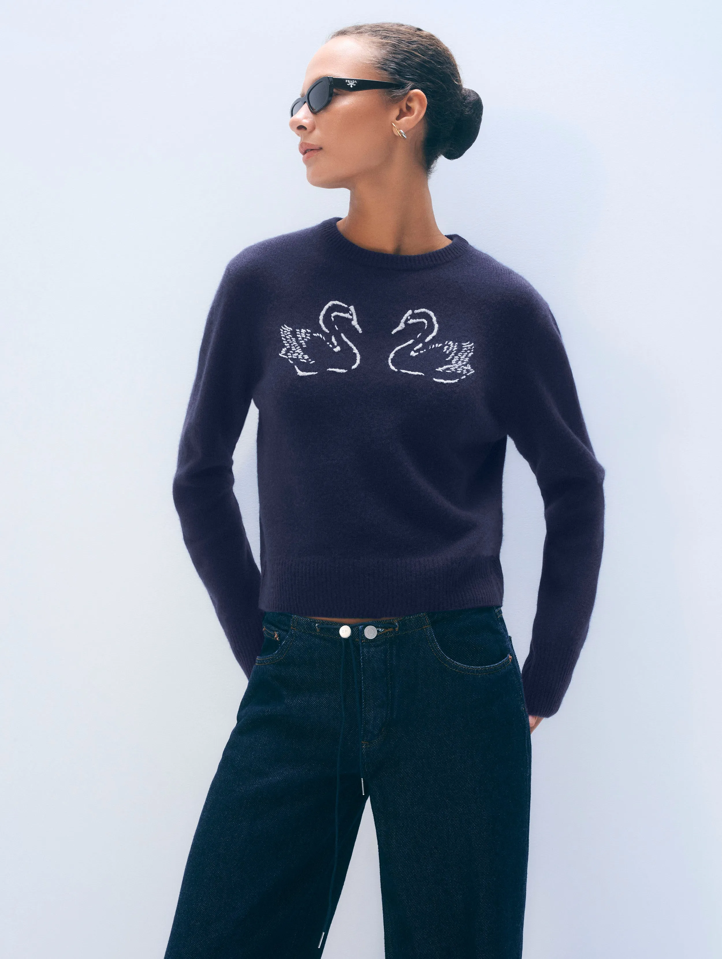 Cashmere Blend Embroidered Swan Sweater | Navy/Ivory sold by White + Warren