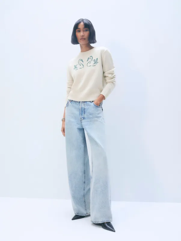 Cashmere Blend Embroiedered Swan Sweater | Ivory / Ivy Green made by White + Warren
