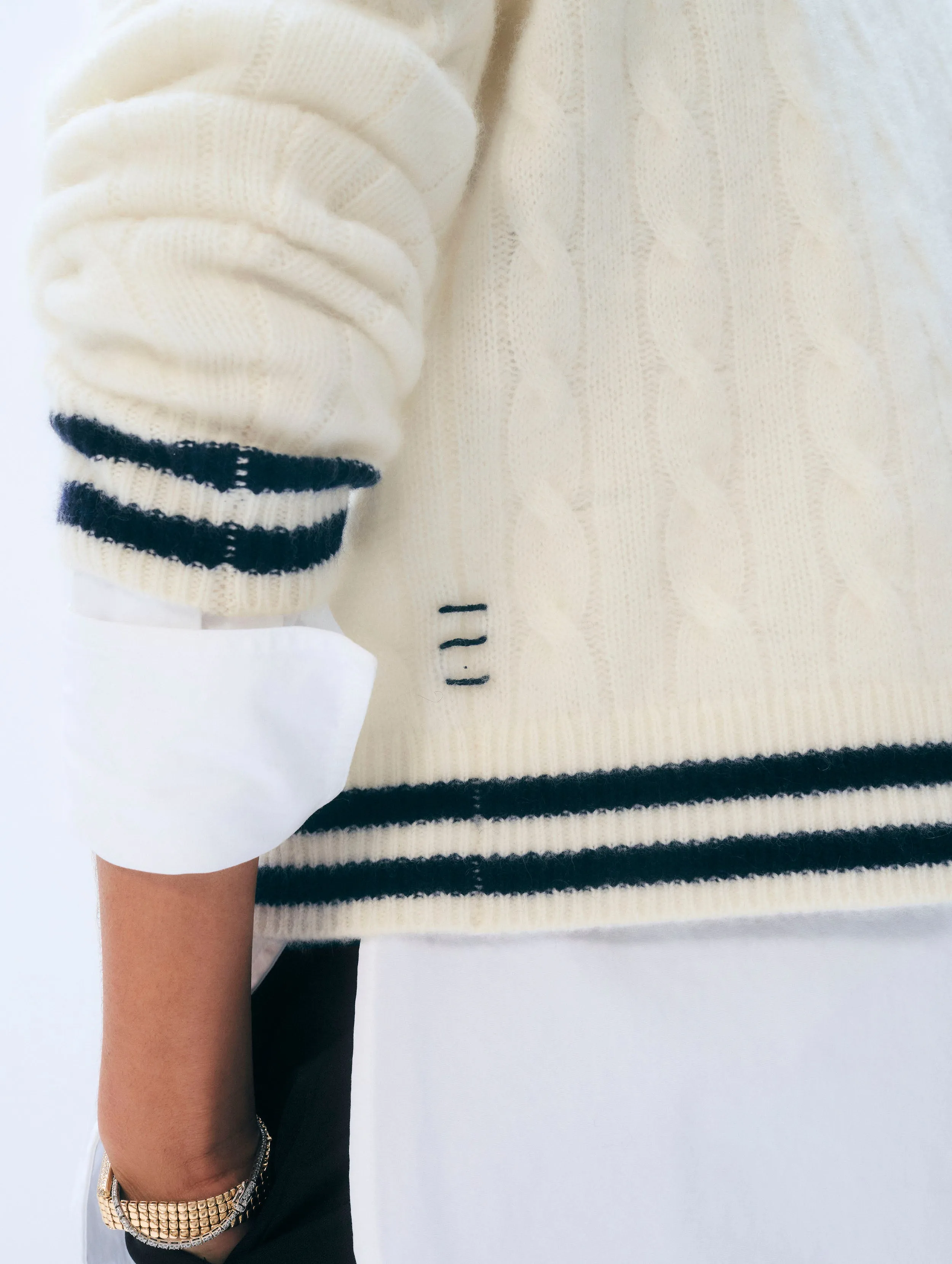 Cashmere Varsity Cable Crewneck | Ivory/Navy sold by White + Warren product image thumbnail 2