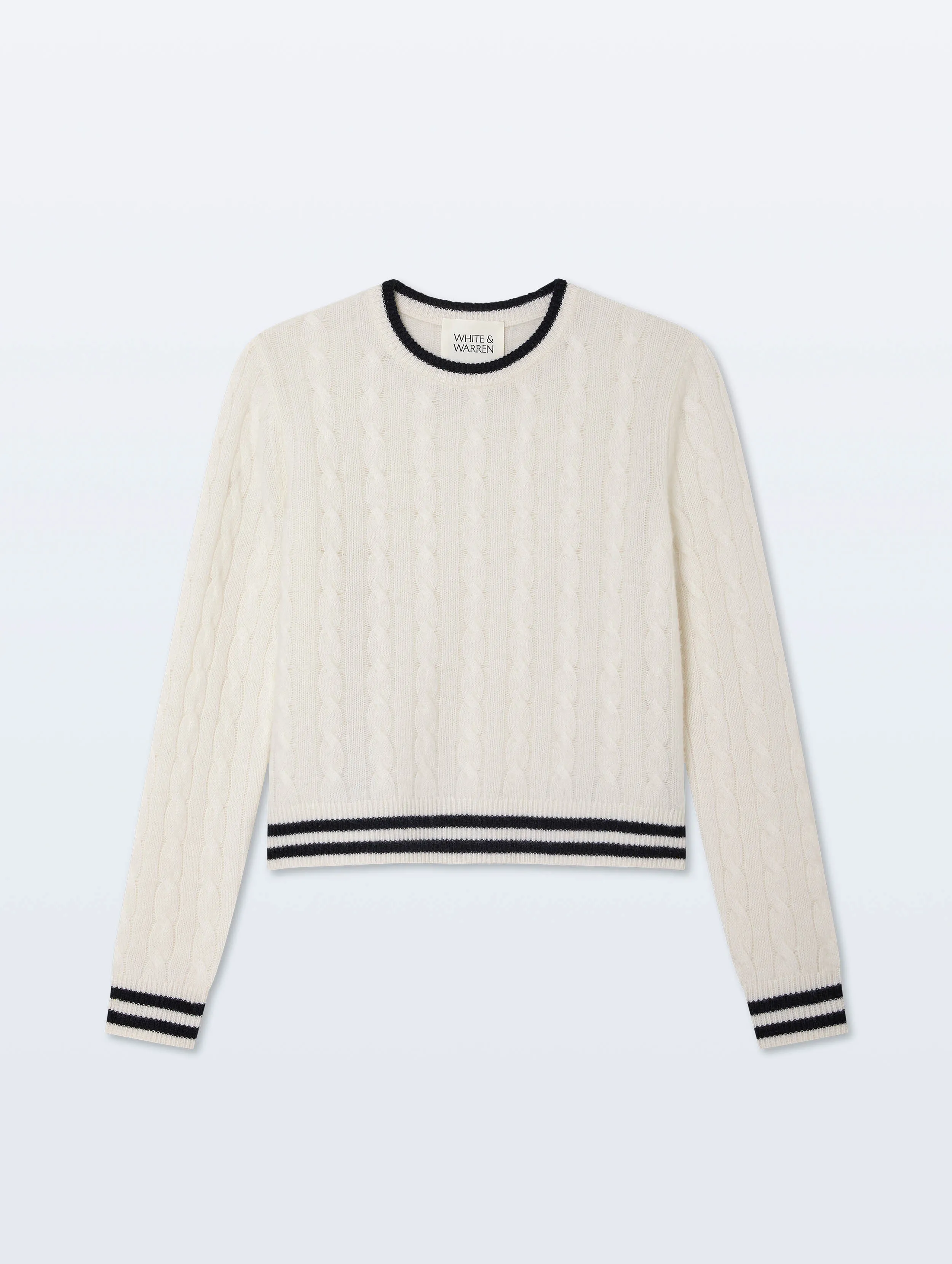Cashmere Varsity Cable Crewneck | Ivory/Navy sold by White + Warren product image thumbnail 4