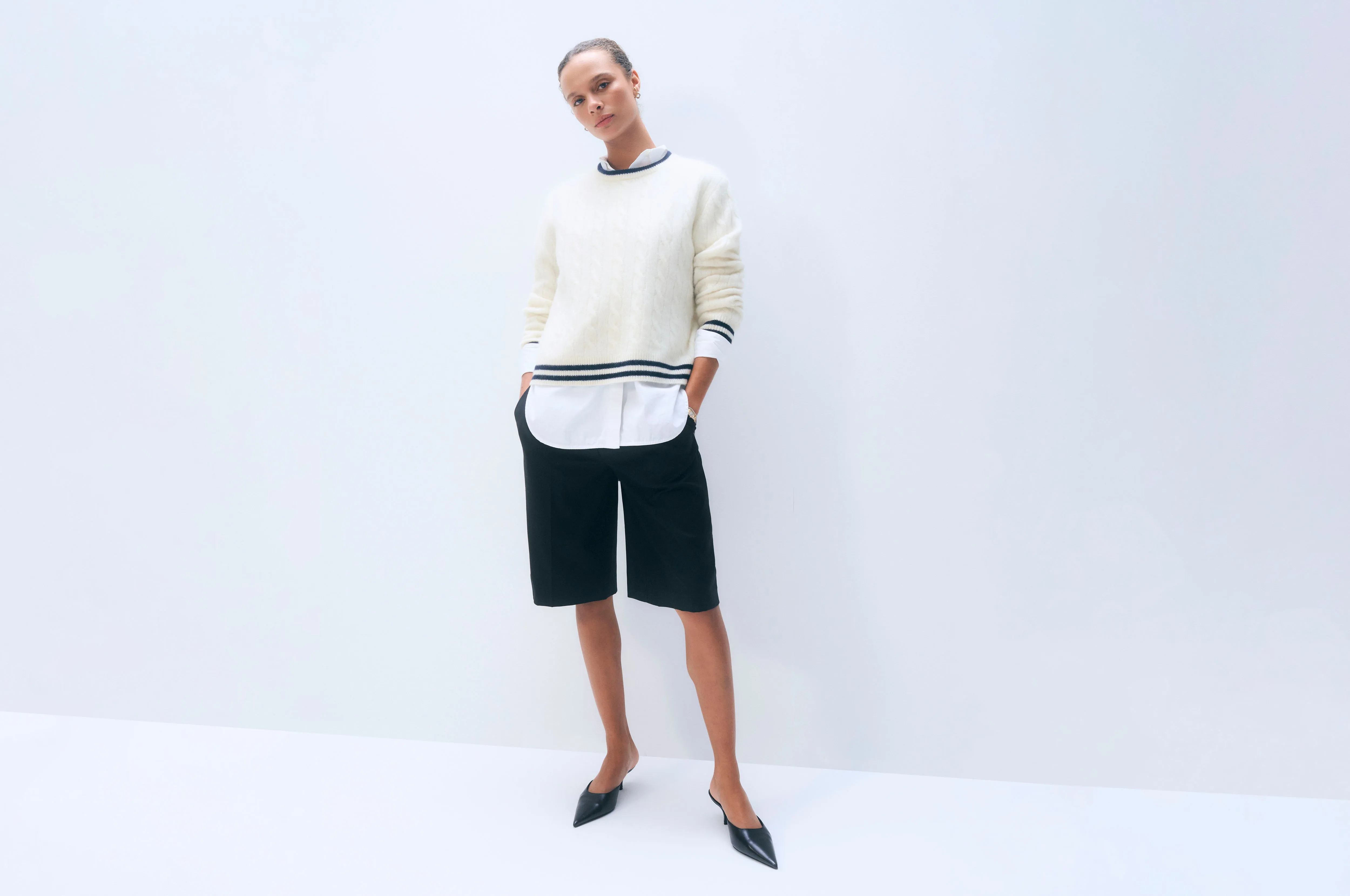 Cashmere Varsity Cable Crewneck | Ivory/Navy sold by White + Warren product image thumbnail 5