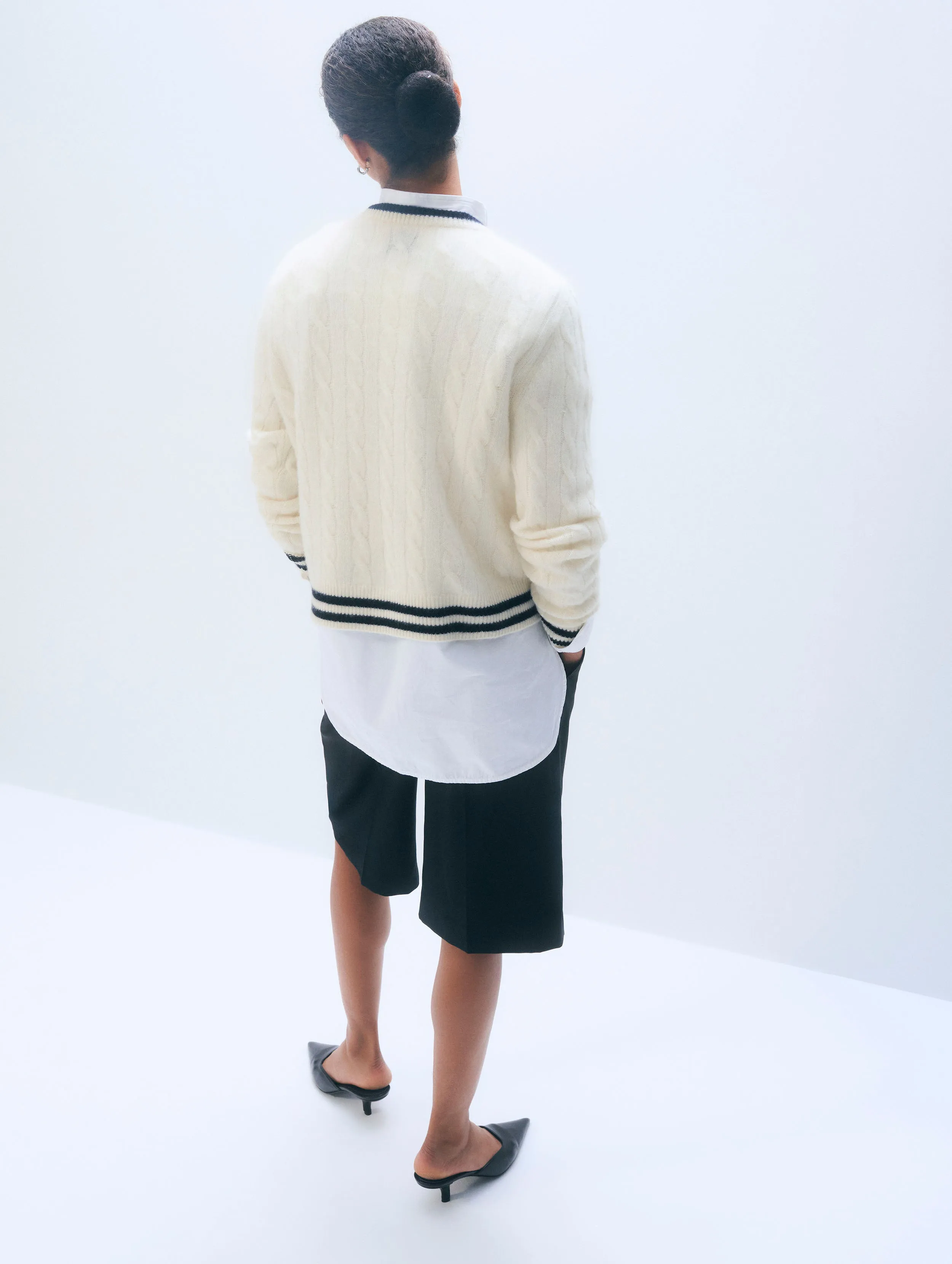 Cashmere Varsity Cable Crewneck | Ivory/Navy sold by White + Warren product image thumbnail 3