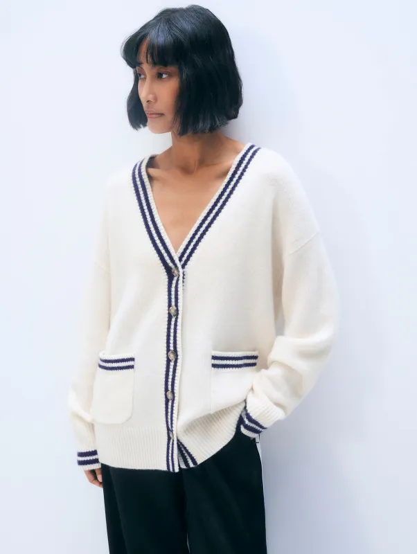 Cashmere Varsity Cardigan | Soft White/Navy sold by White + Warren