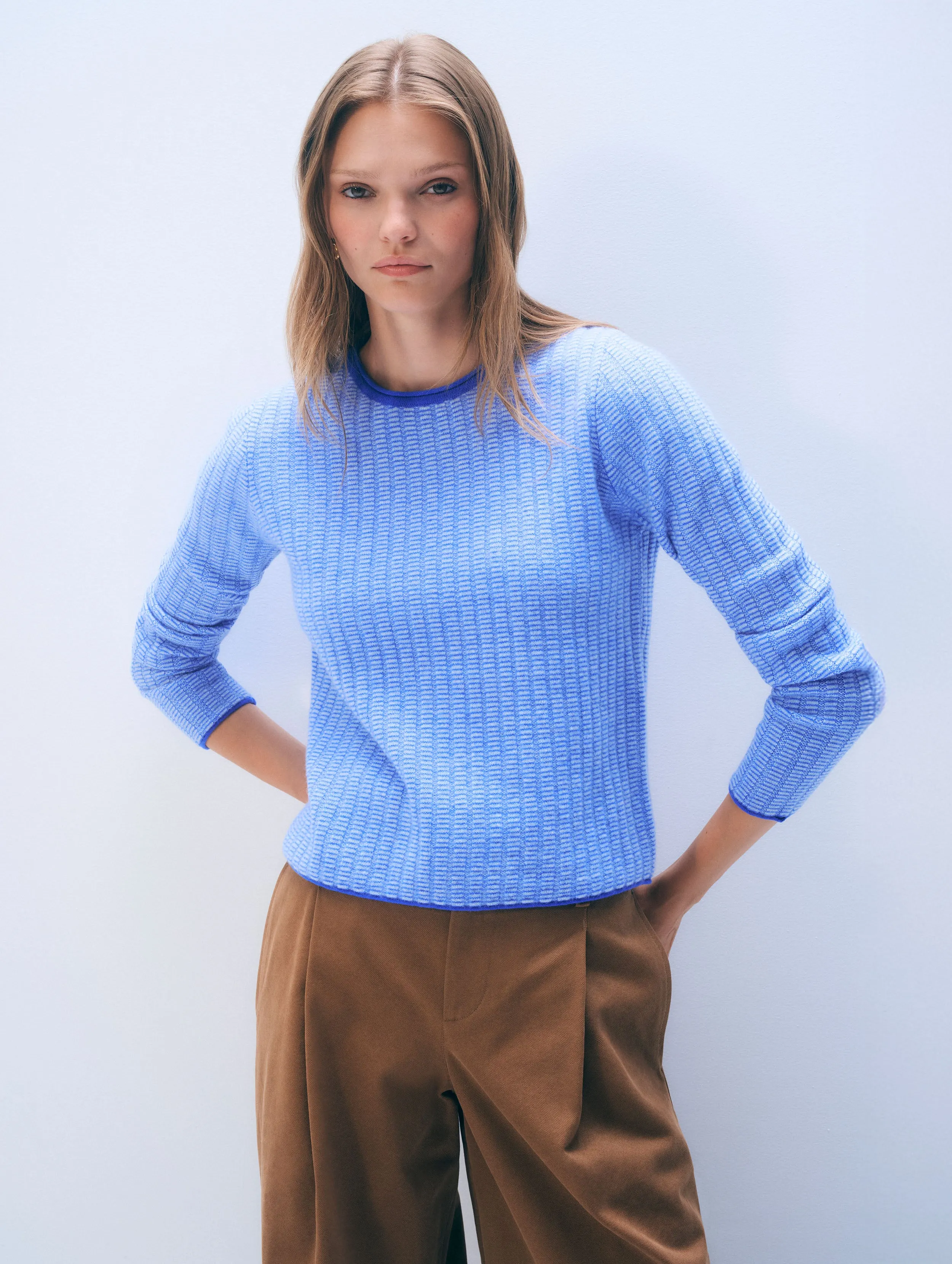 Cashmere Textured Crewneck | Blue Combo sold by White + Warren