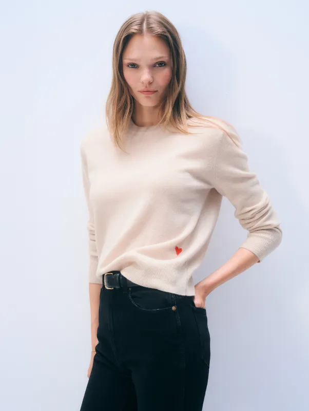 Cashmere Heart Crewneck | Natural Heather/Poppy Red sold by White + Warren