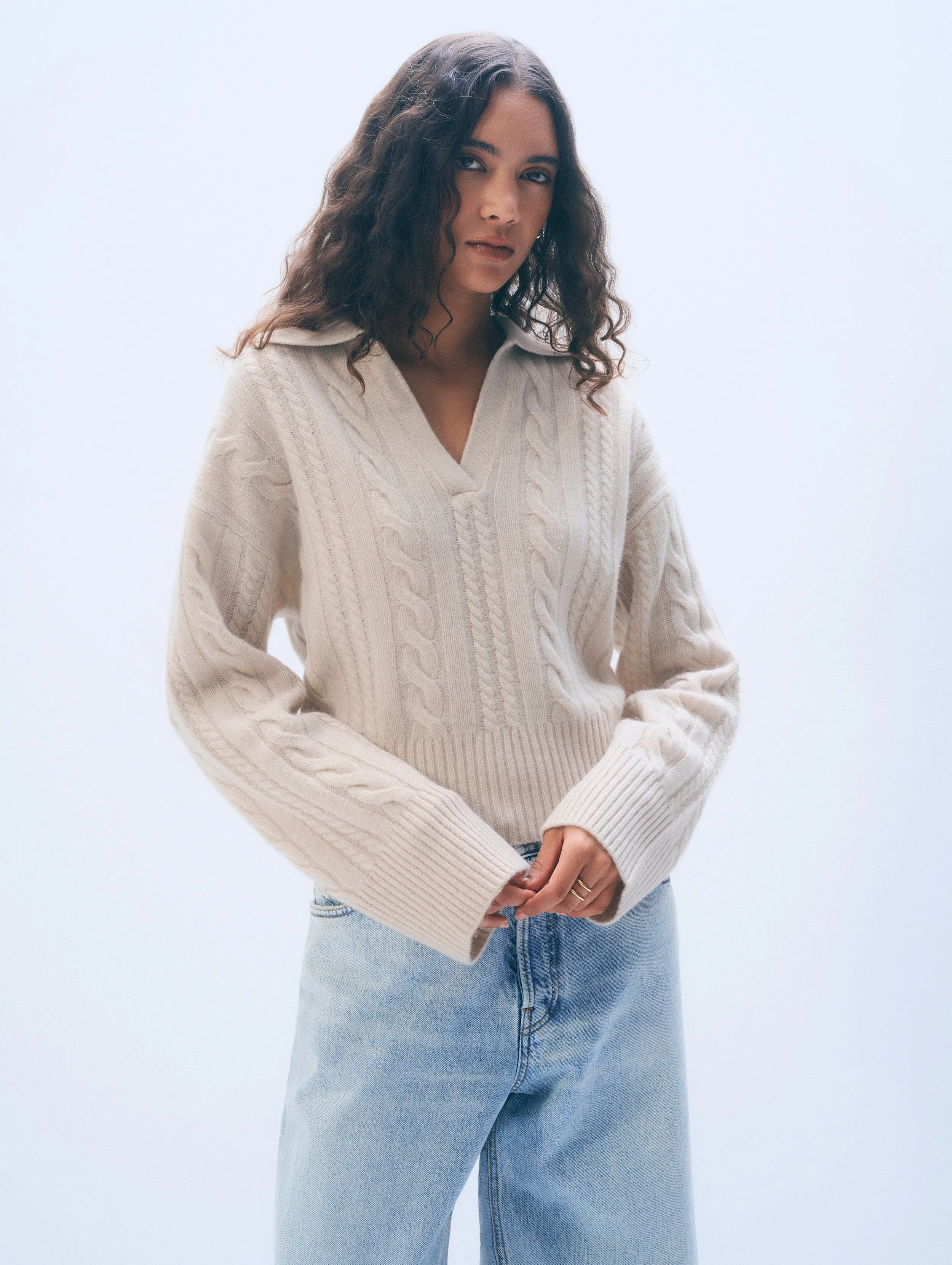 Cashmere Cable Long Sleeve Polo sold by White + Warren product image thumbnail 2