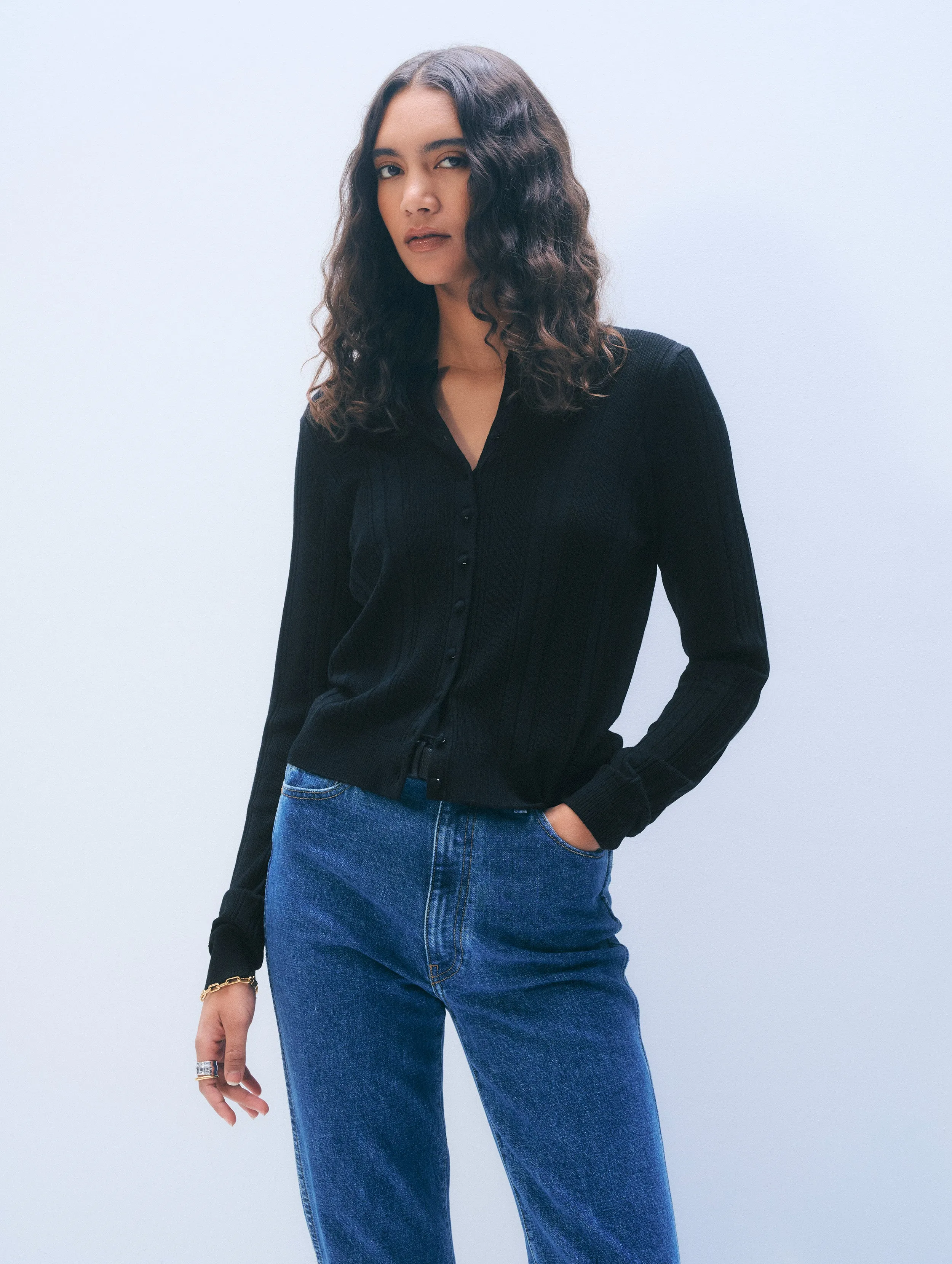 Superfine Merino Wool Cardigan | Black sold by White + Warren