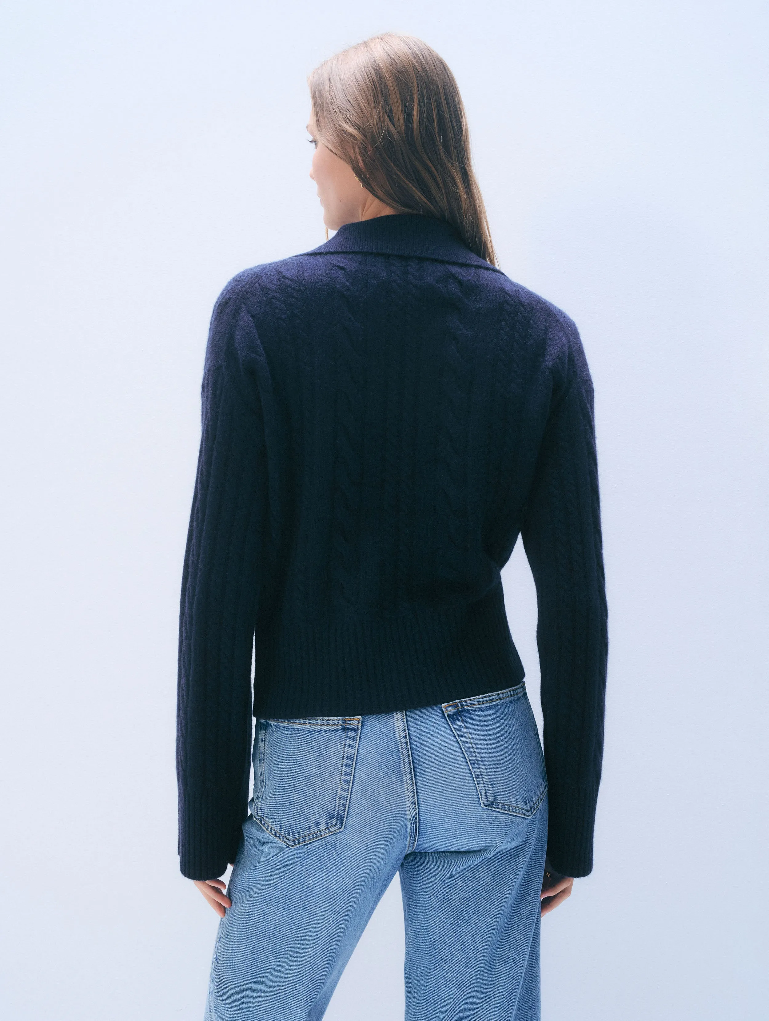 Cashmere Cable Long Sleeve Polo | Deep Navy sold by White + Warren product image thumbnail 3