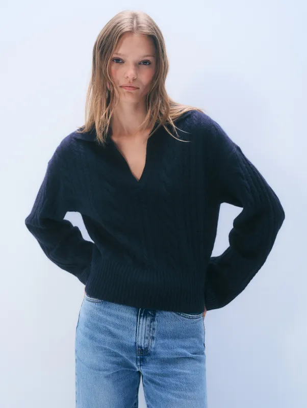 Cashmere Cable Long Sleeve Polo | Deep Navy sold by White + Warren