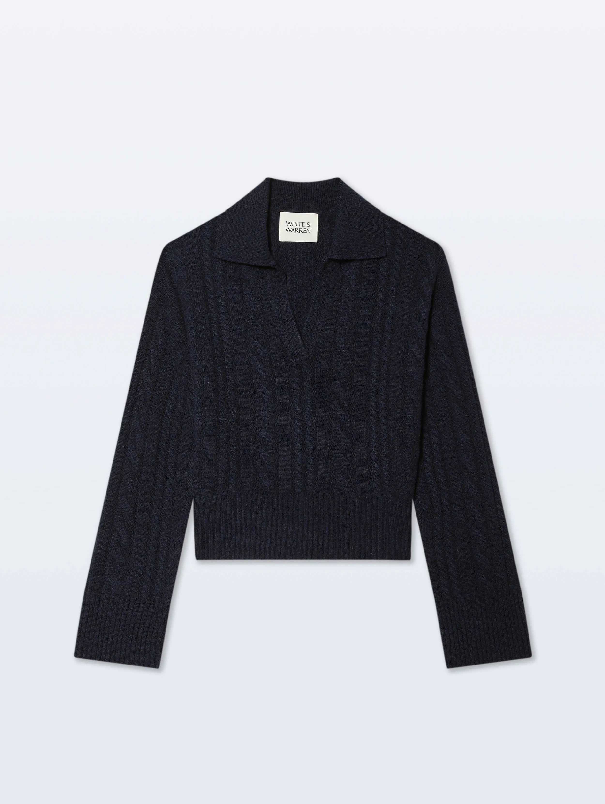 Cashmere Cable Long Sleeve Polo | Deep Navy sold by White + Warren product image thumbnail 4