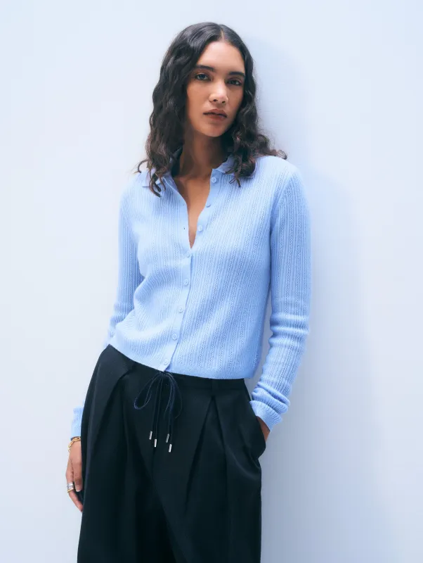 Cashmere Collared Pointelle Shirt | Blue Vapor sold by White + Warren