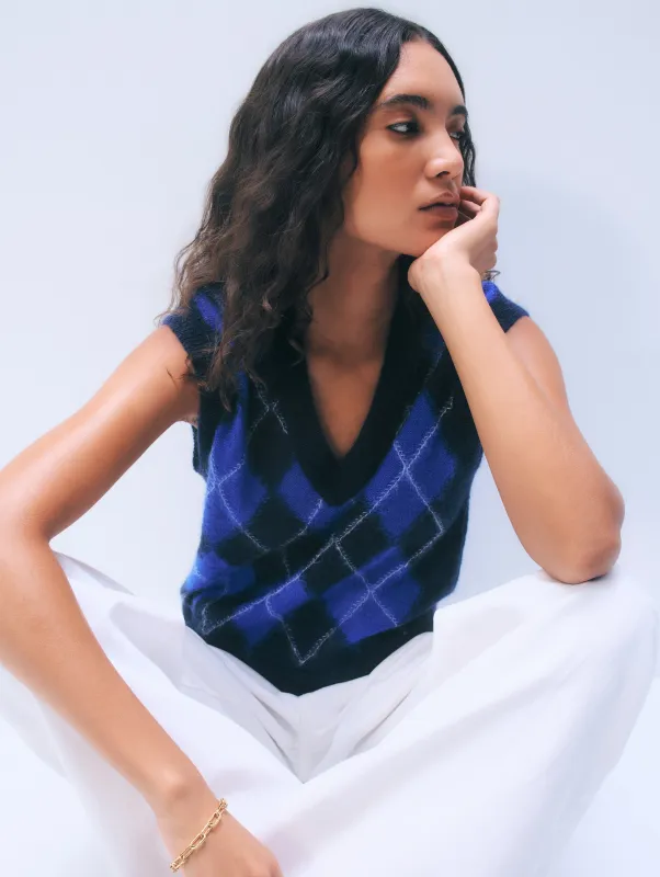 Mohair Luxe Argyle Vest | Blue Argyle sold by White + Warren