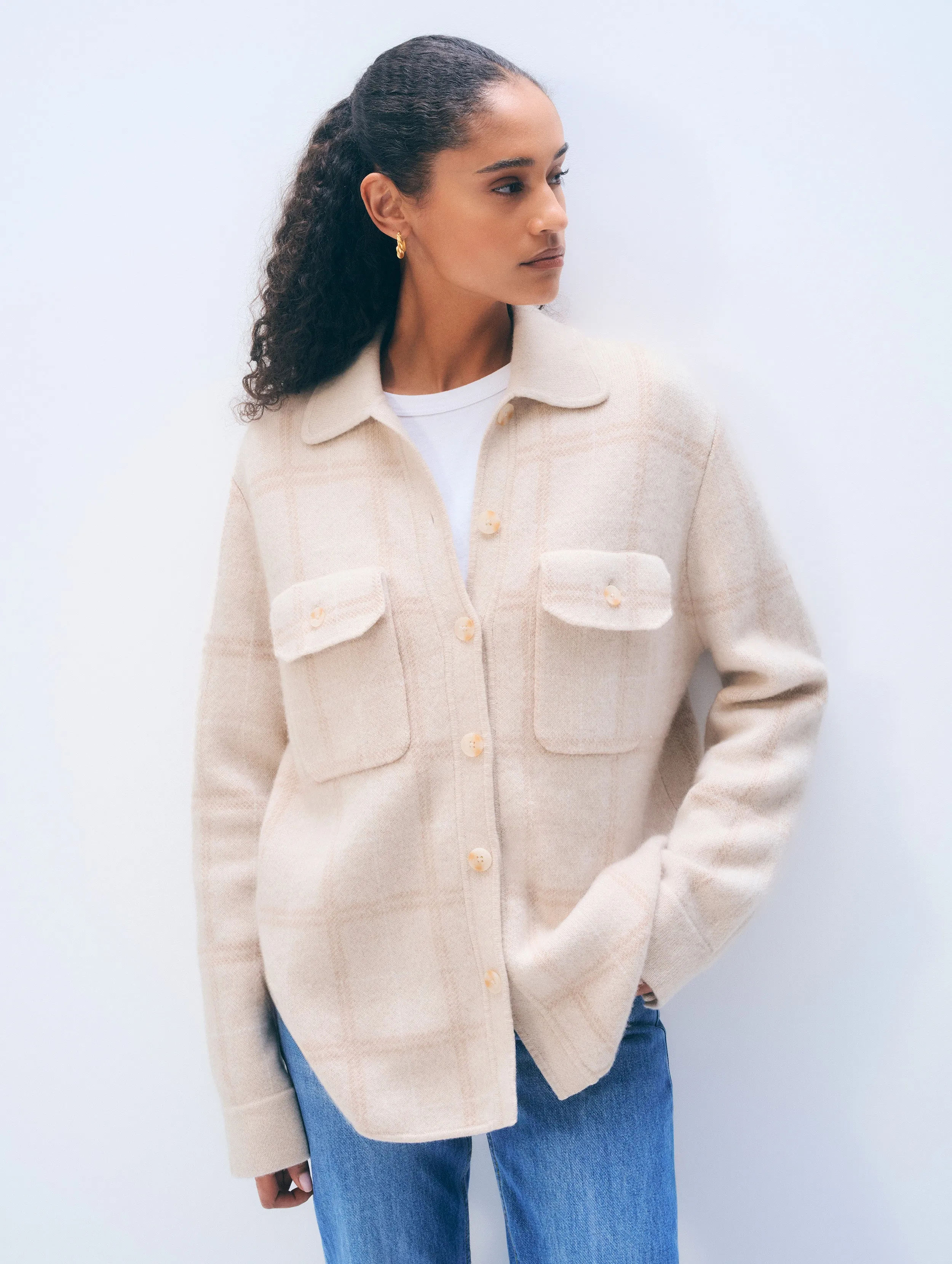 Cashmere Luxe Button Down Shacket | Natural Combo sold by White + Warren