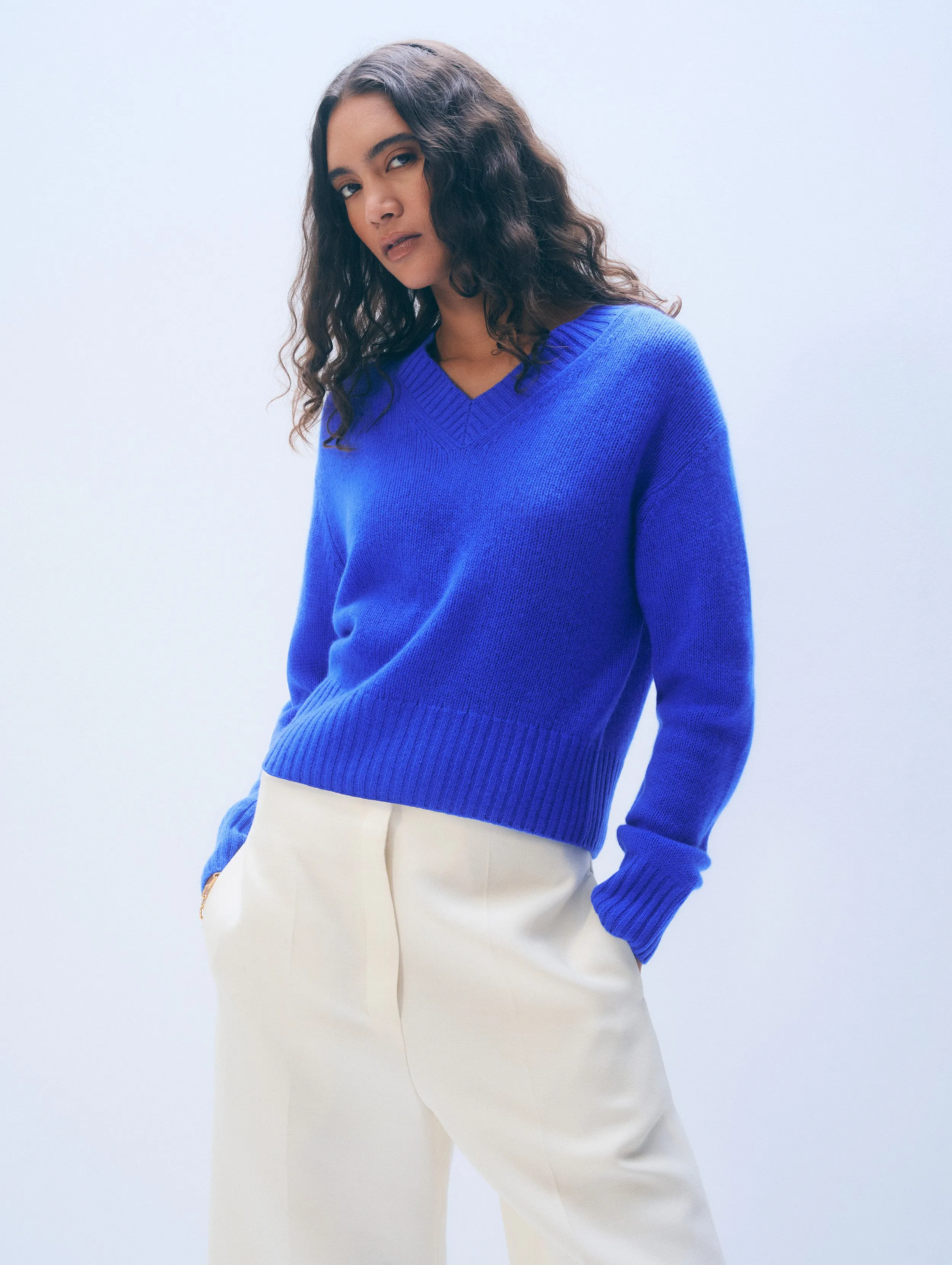 Cashmere Featherweight V-Neck | Cobalt Blue sold by White + Warren