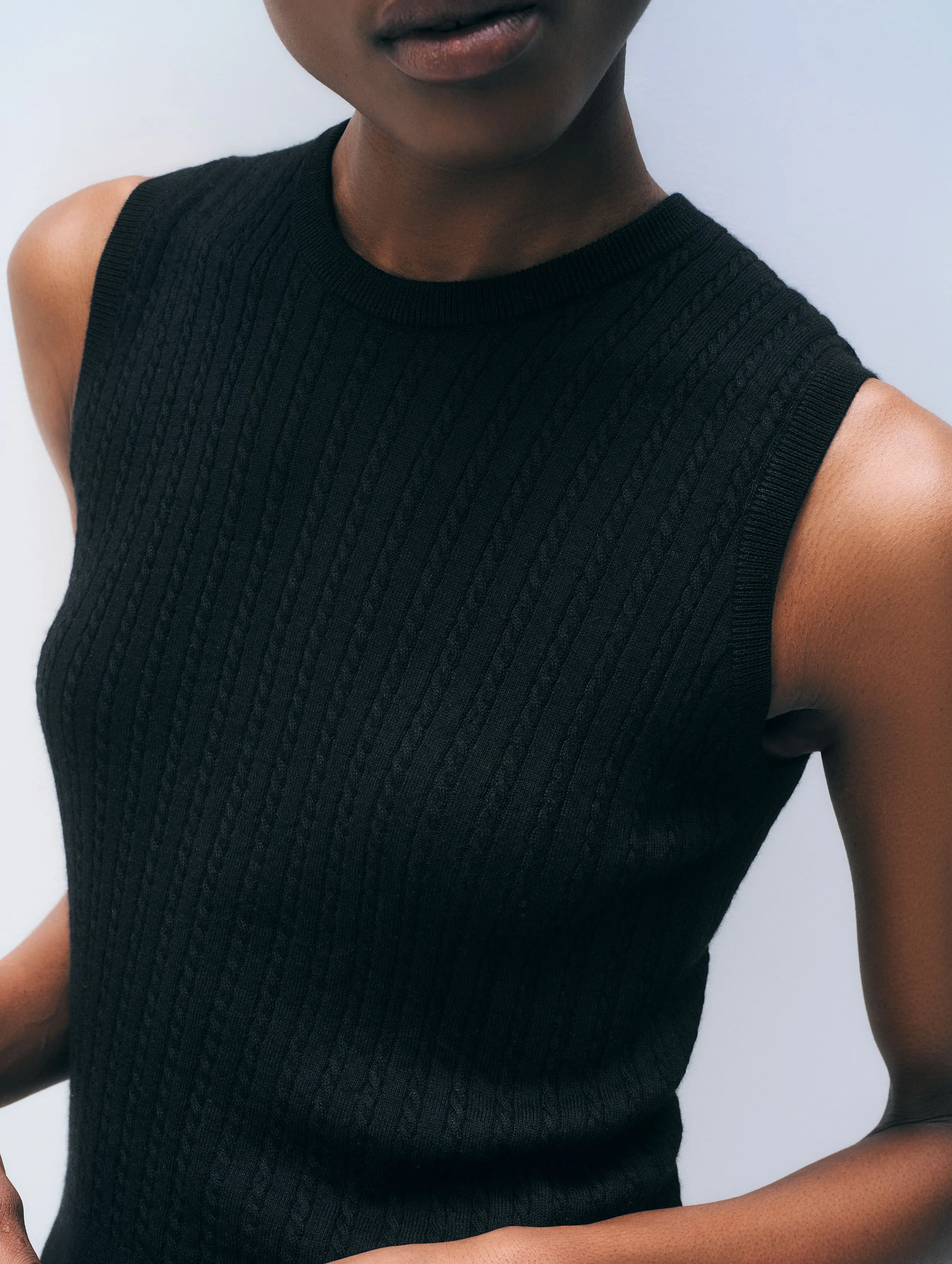 Cashmere Linen Blend Cable Shell | Black sold by White + Warren product image thumbnail 2