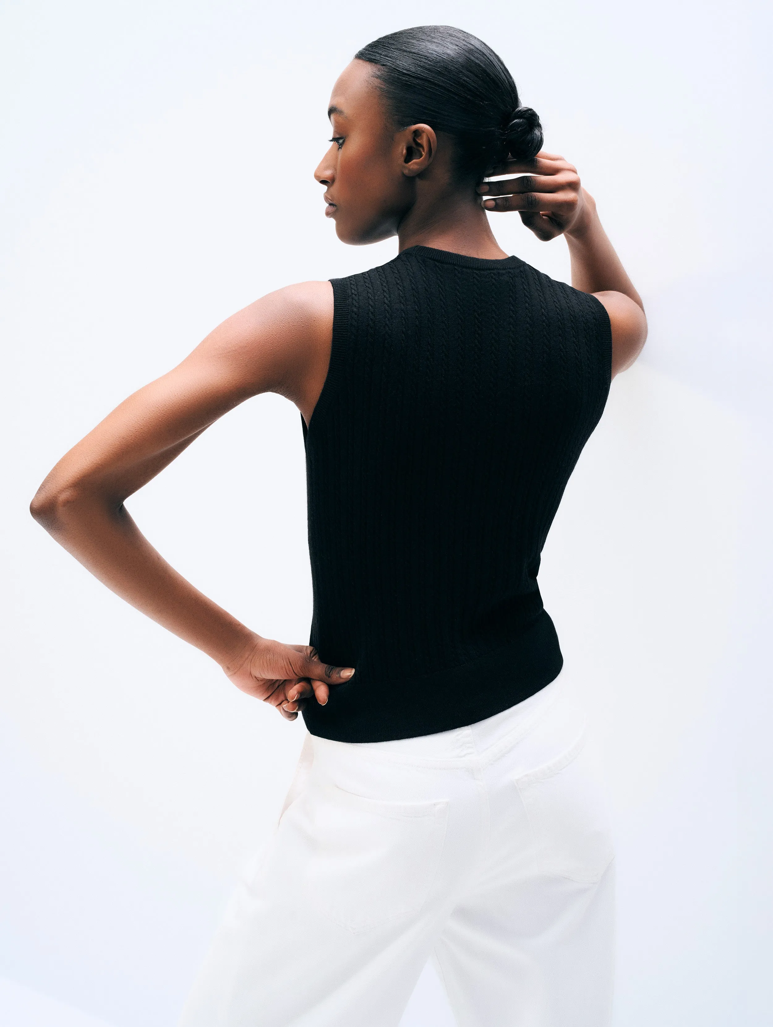 Cashmere Linen Blend Cable Shell | Black sold by White + Warren product image thumbnail 3