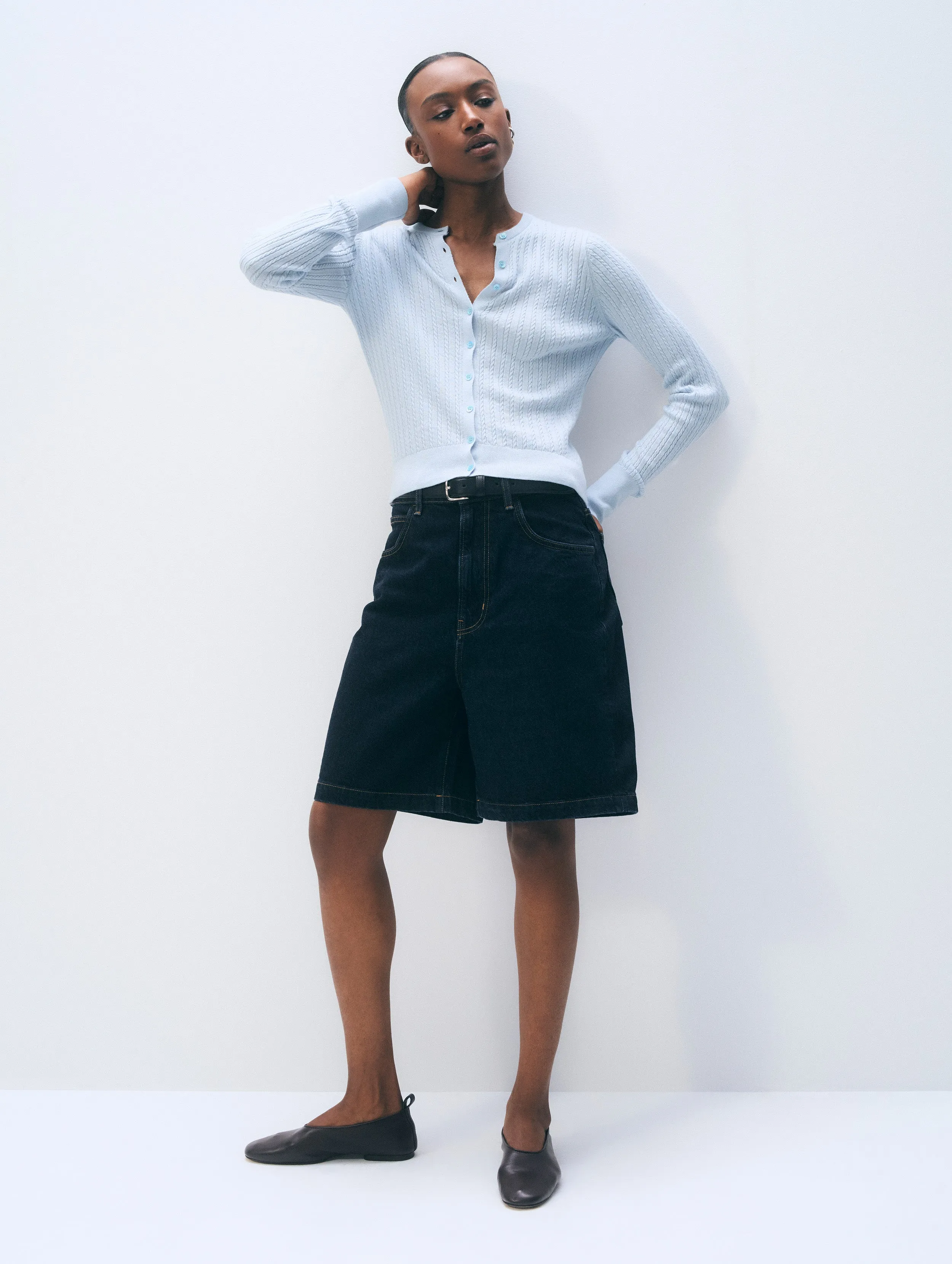 Cashmere Linen Fine Cable Cardigan | Pastel Blue sold by White + Warren product image thumbnail 3