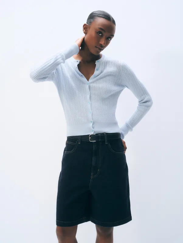 Cashmere Linen Fine Cable Cardigan | Pastel Blue made by White + Warren