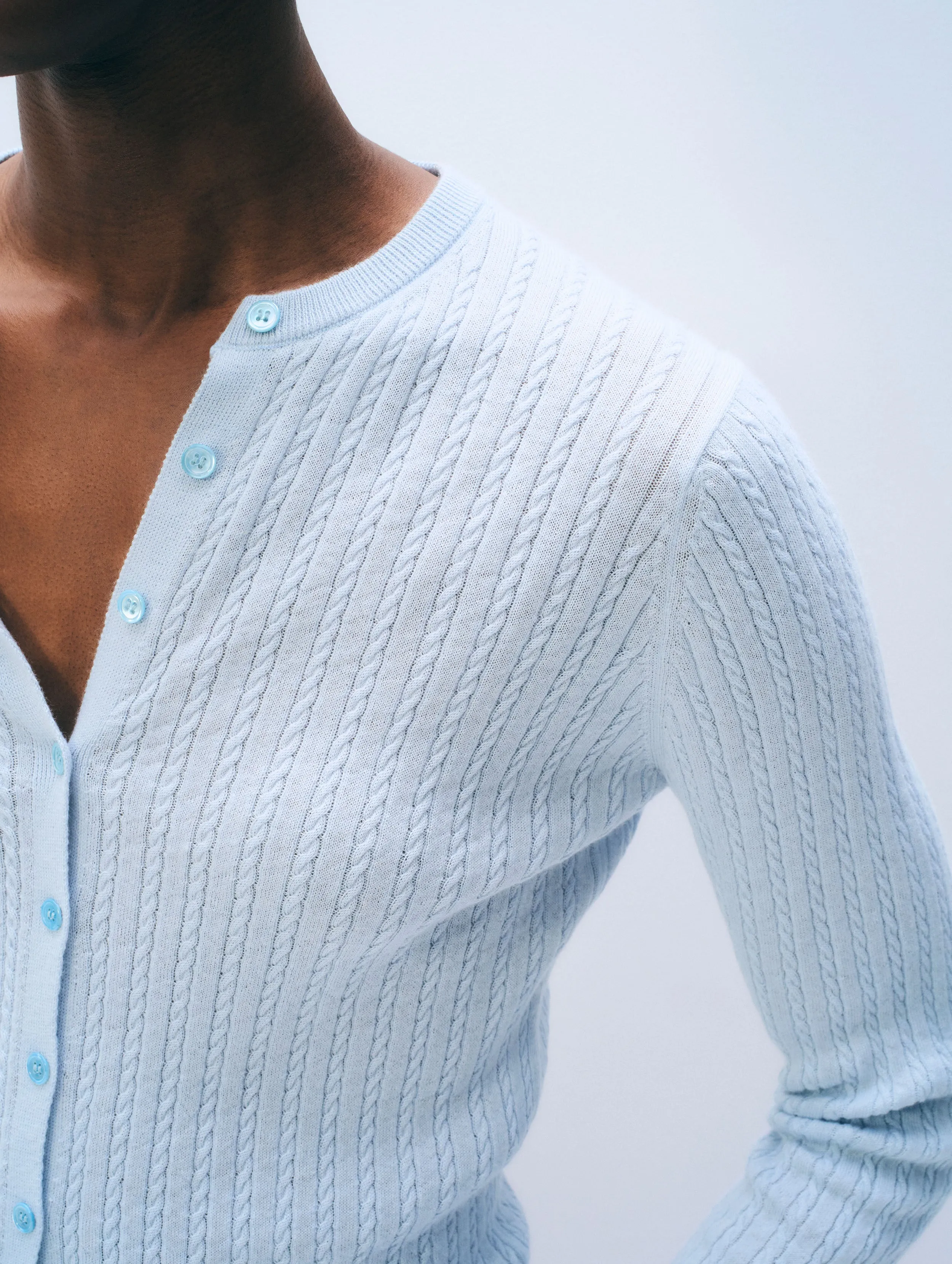 Cashmere Linen Fine Cable Cardigan | Pastel Blue sold by White + Warren product image thumbnail 2