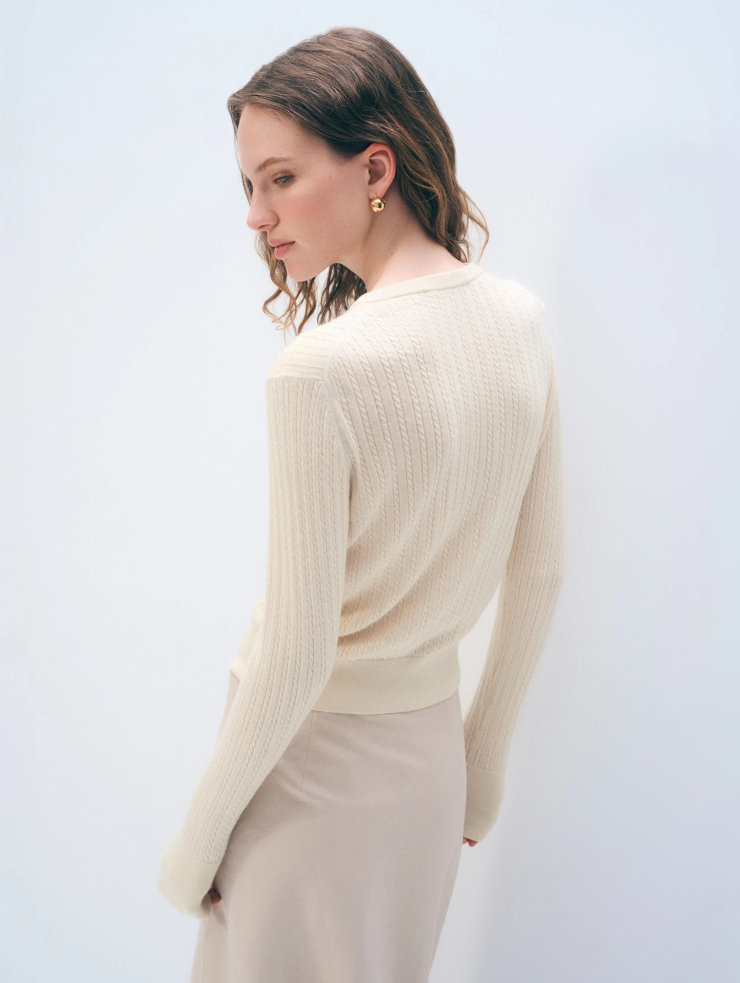 Cashmere Linen Fine Cable Cardigan | Ivory sold by White + Warren product image thumbnail 3