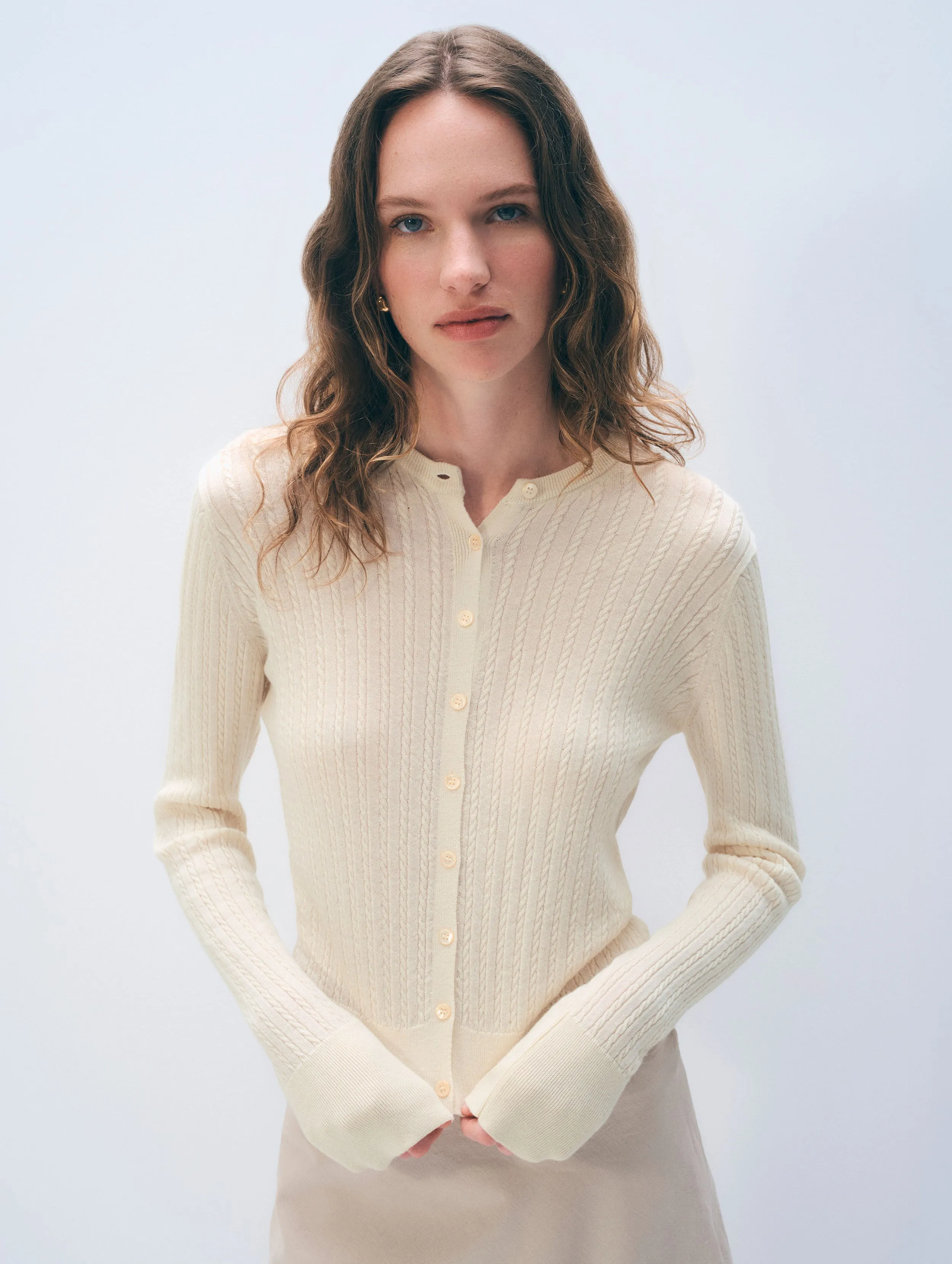 Cashmere Linen Fine Cable Cardigan | Ivory sold by White + Warren