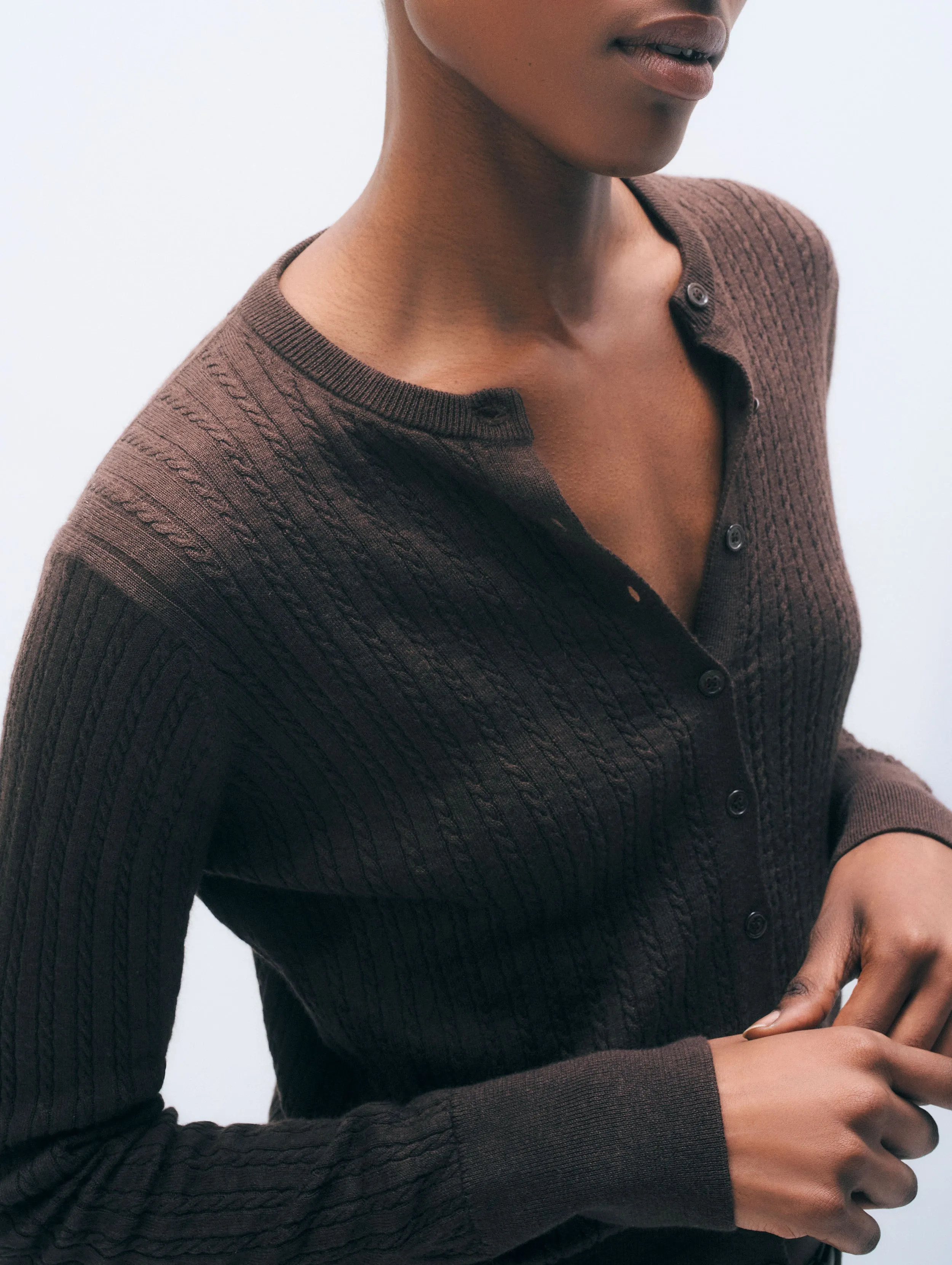 Cashmere Linen Fine Cable Cardigan | Dark Espresso sold by White + Warren product image thumbnail 2