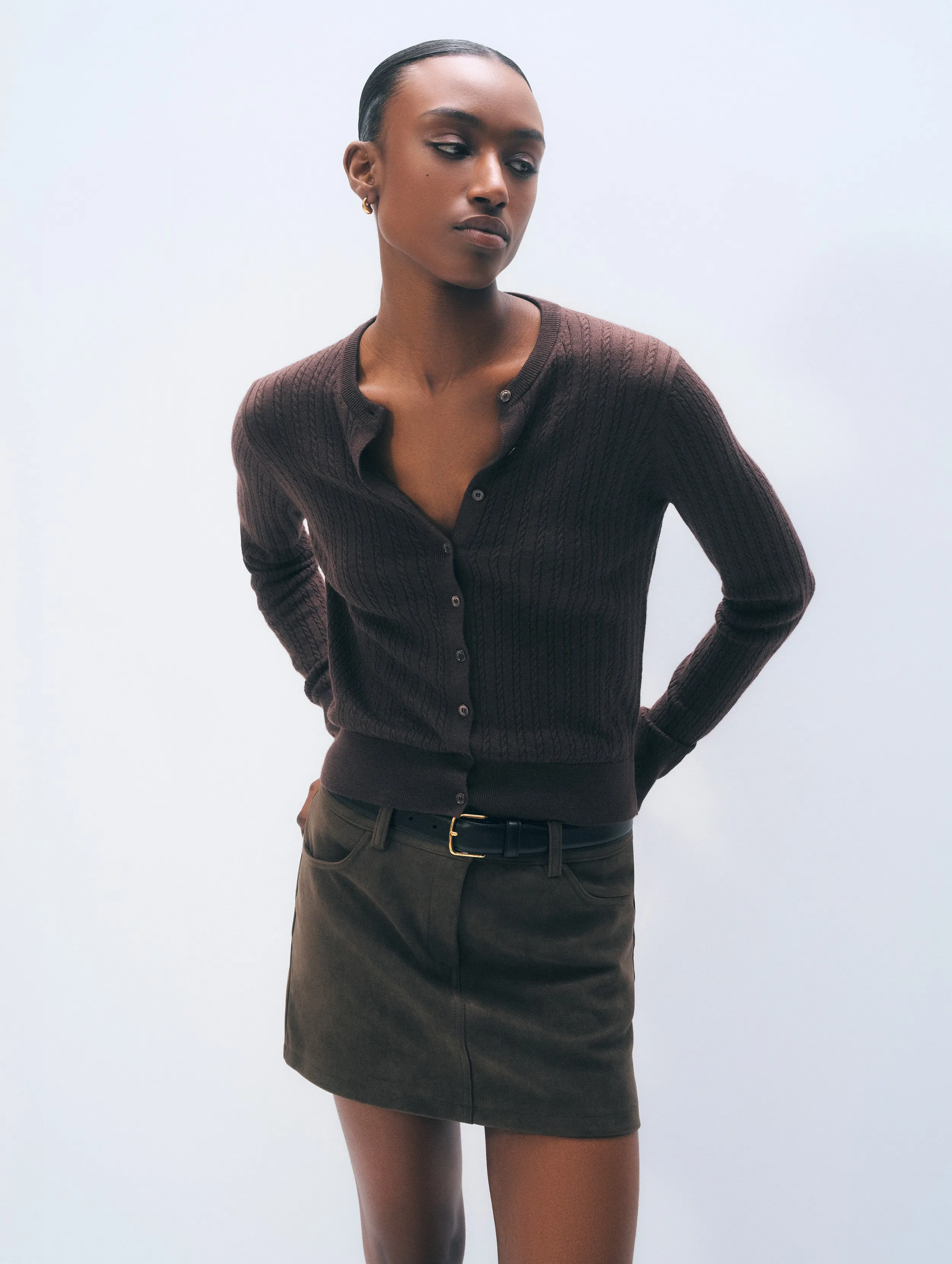 Cashmere Linen Fine Cable Cardigan | Dark Espresso sold by White + Warren