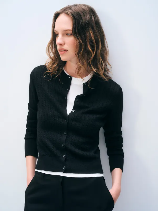 Cashmere Linen Fine Cable Cardigan | Black made by White + Warren