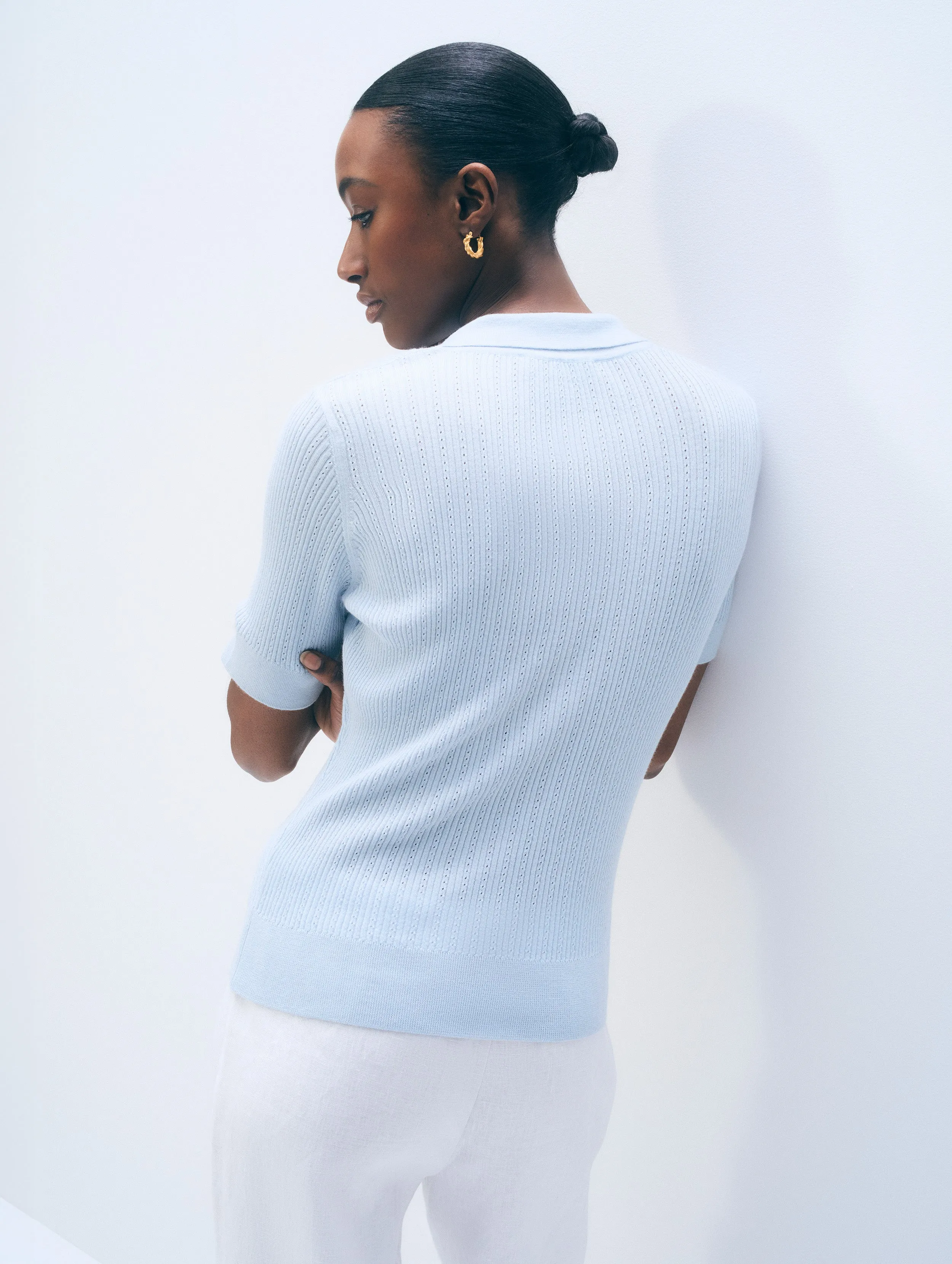 Cashmere Linen Pointelle Polo | Pastel Blue sold by White + Warren product image thumbnail 3