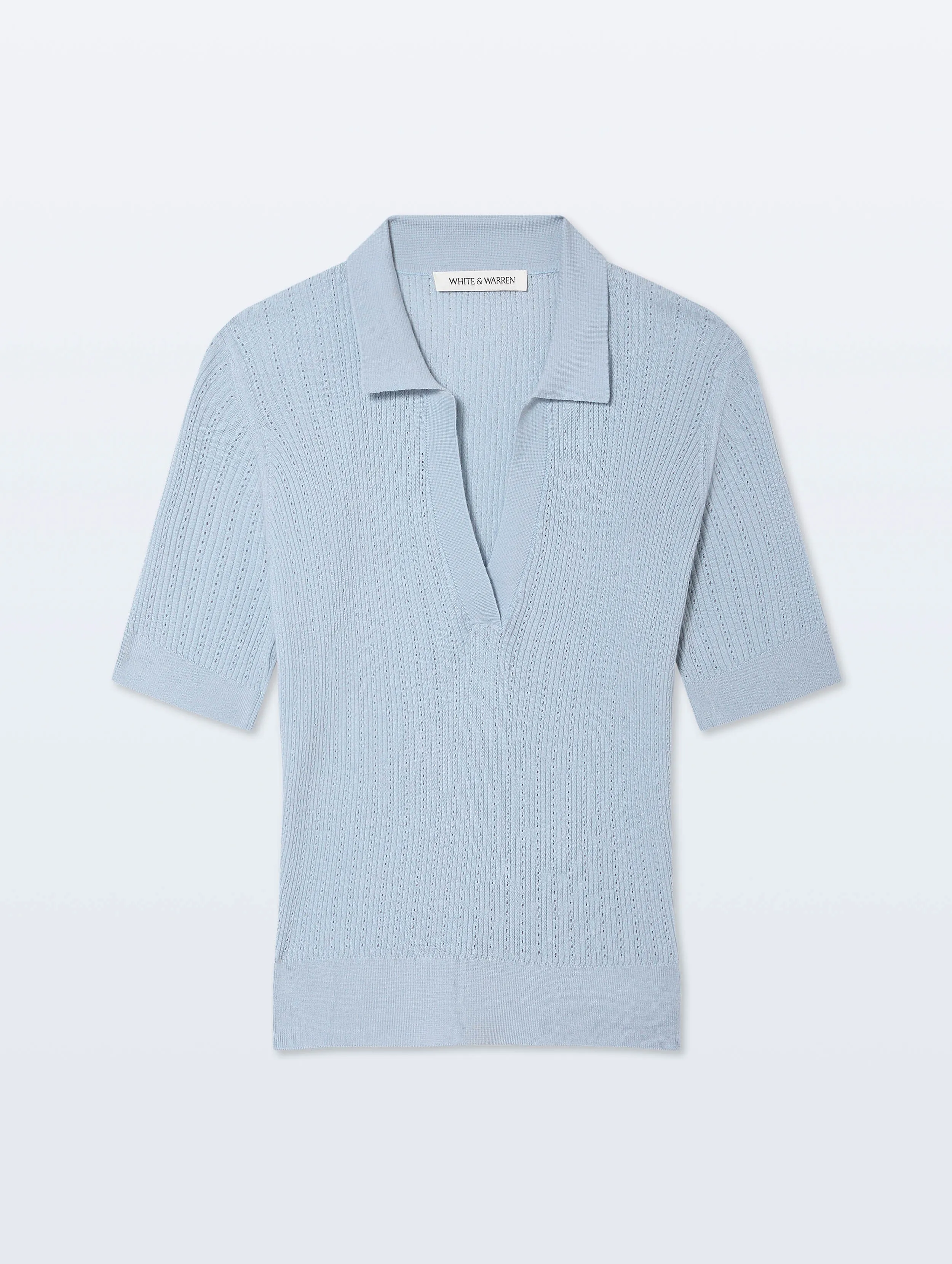 Cashmere Linen Pointelle Polo | Pastel Blue sold by White + Warren product image thumbnail 4