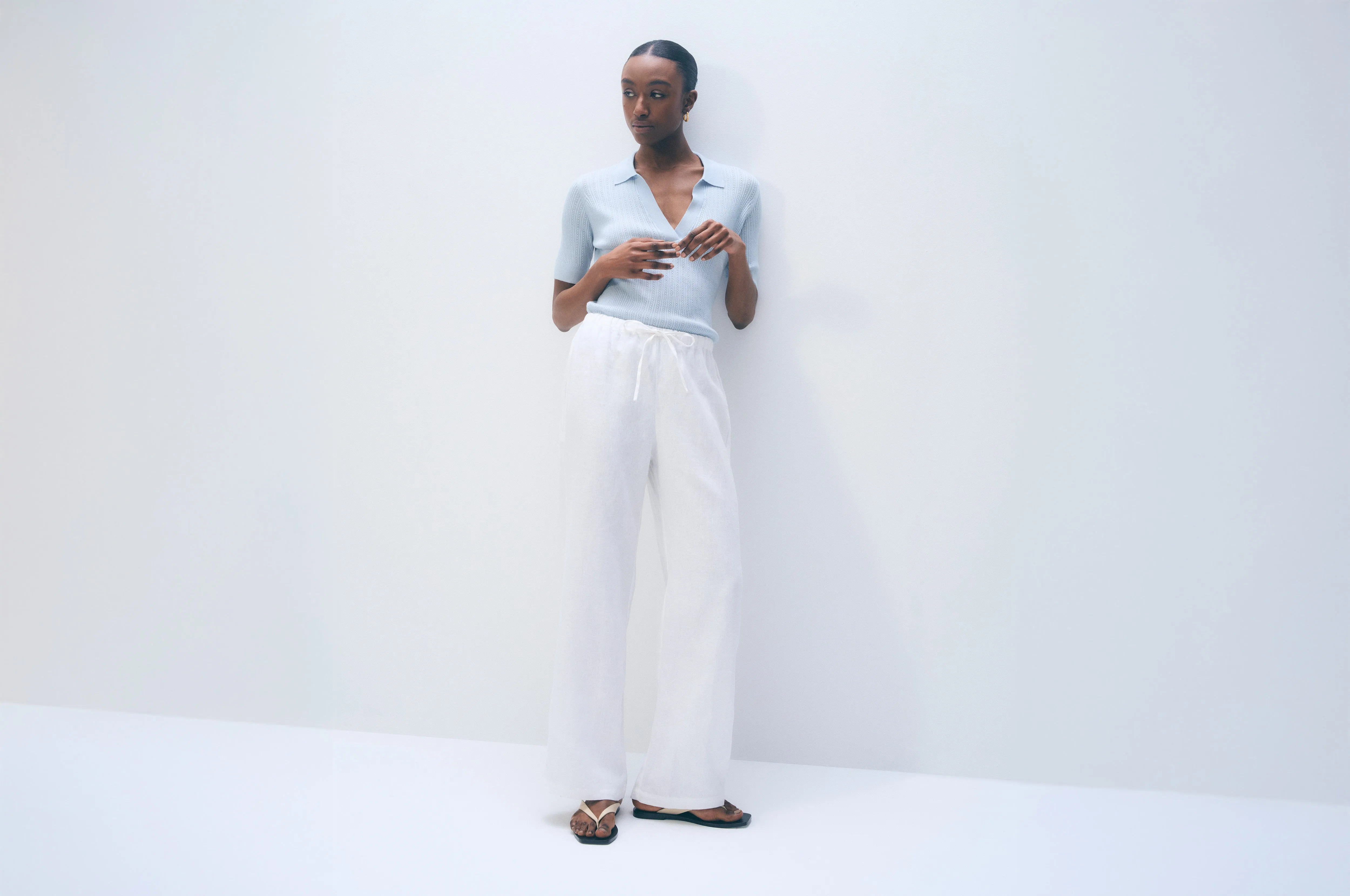 Cashmere Linen Pointelle Polo | Pastel Blue sold by White + Warren product image thumbnail 5