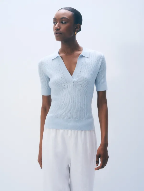 Cashmere Linen Pointelle Polo | Pastel Blue made by White + Warren