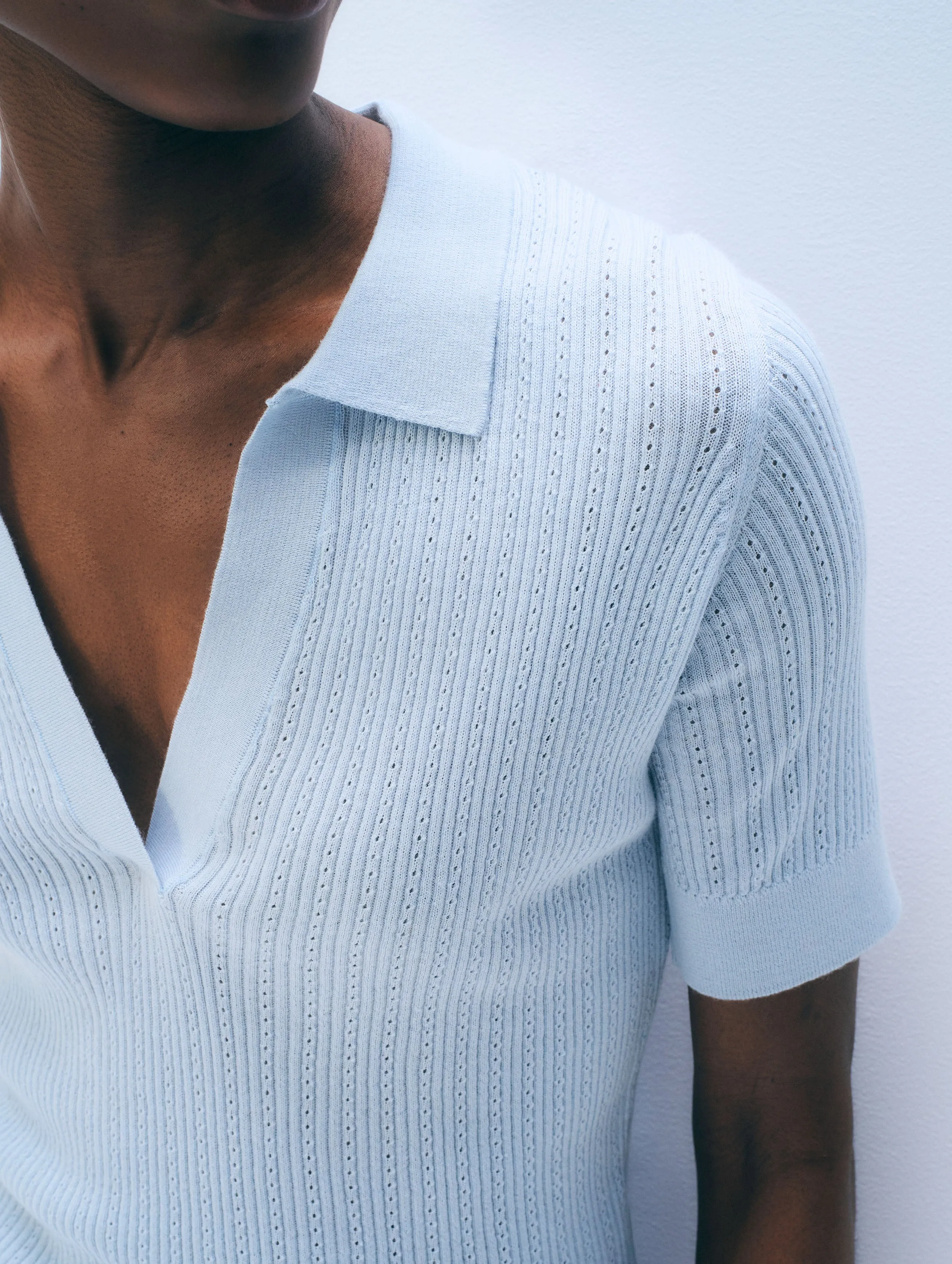 Cashmere Linen Pointelle Polo | Pastel Blue sold by White + Warren product image thumbnail 2