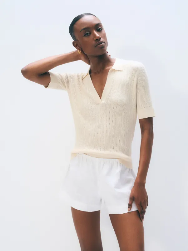 Cashmere Linen Pointelle Polo | Ivory made by White + Warren
