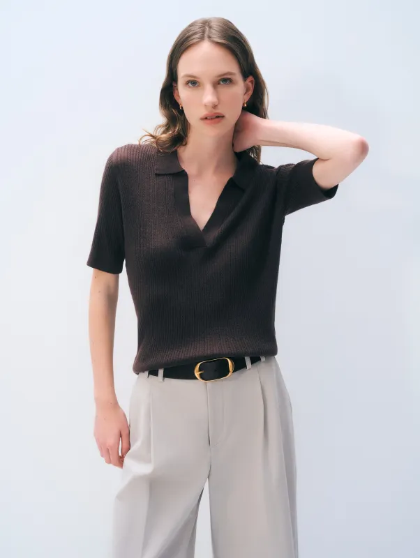 Cashmere Linen Pointelle Polo | Dark Espresso made by White + Warren