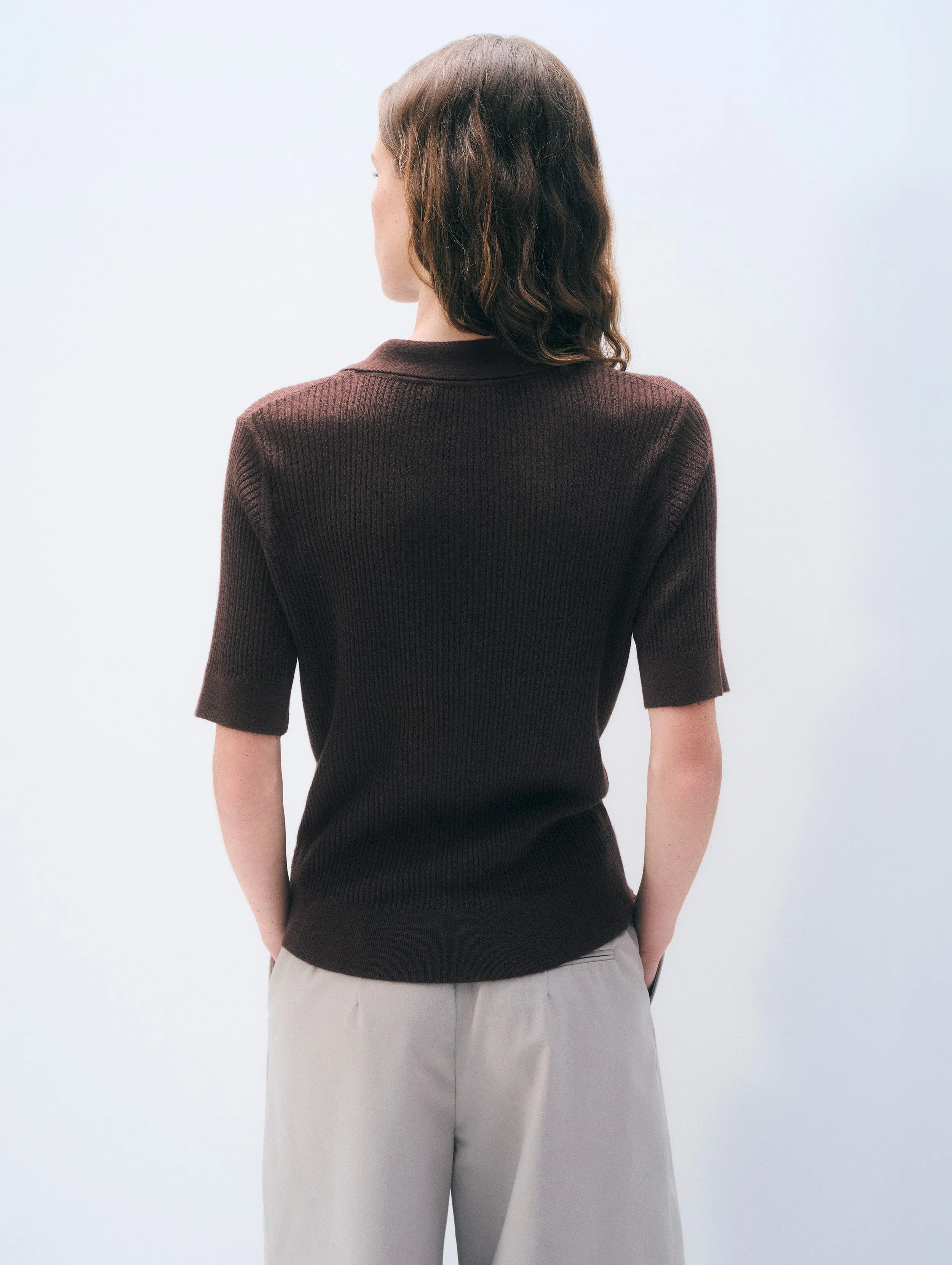 Cashmere Linen Pointelle Polo | Dark Espresso sold by White + Warren product image thumbnail 3